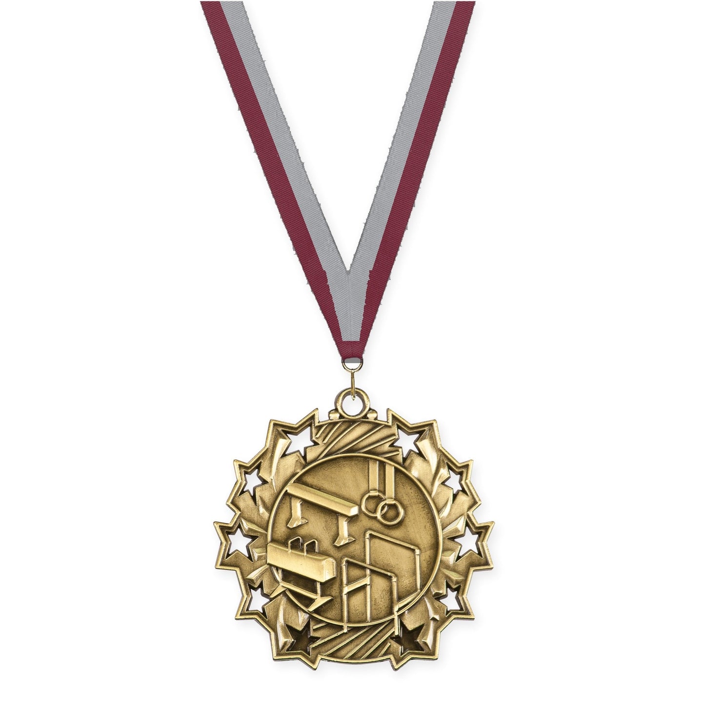 2 1/4 inch gymnastics Ten Star medal in antique gold with Maroon Gray neck ribbon