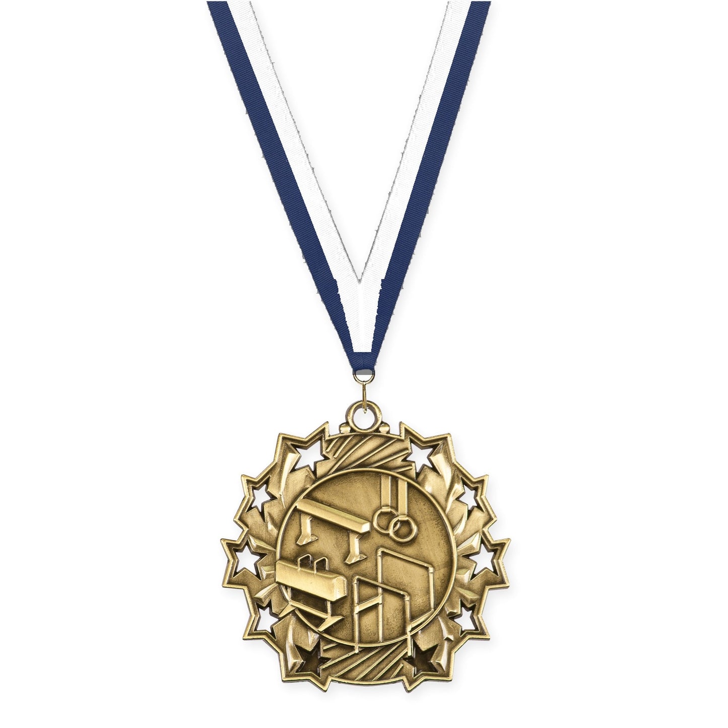 2 1/4 inch gymnastics Ten Star medal in antique gold with Navy White neck ribbon