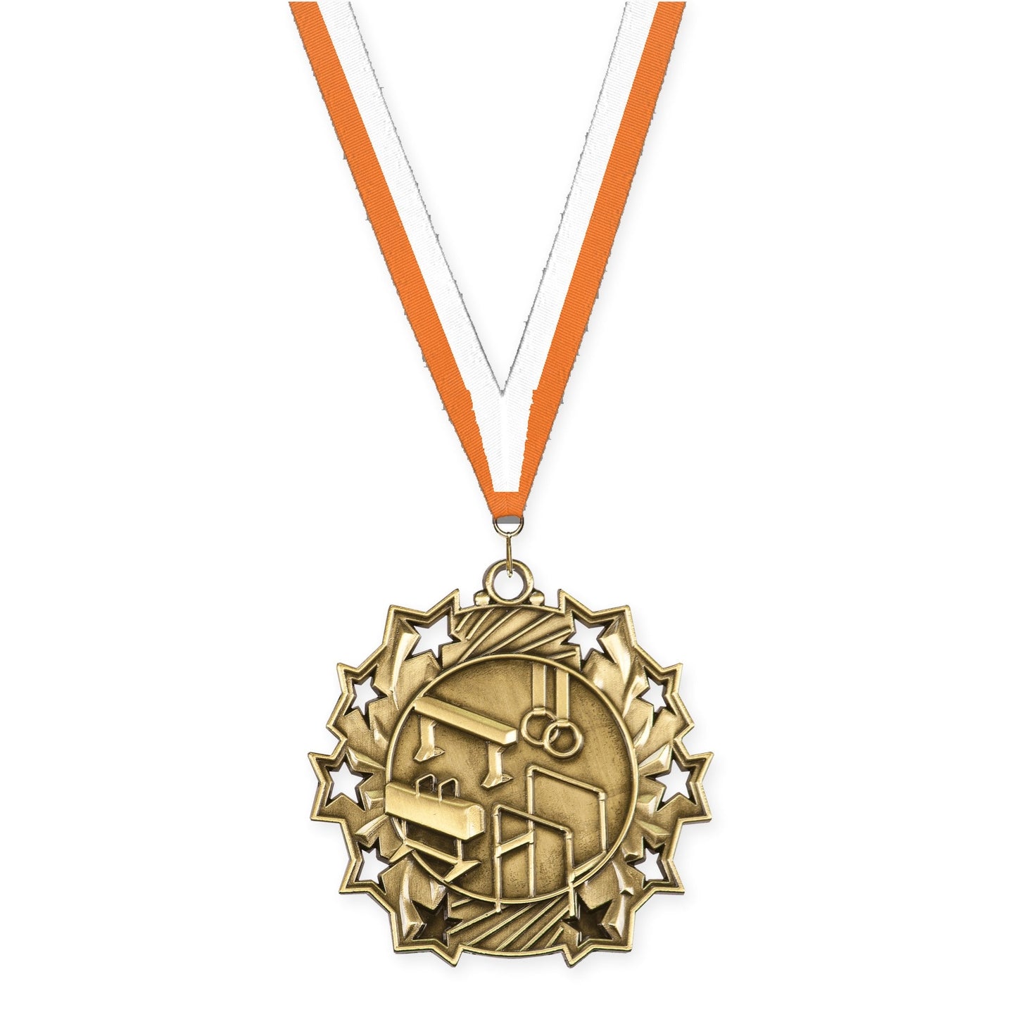 2 1/4 inch gymnastics Ten Star medal in antique gold with Orange White neck ribbon