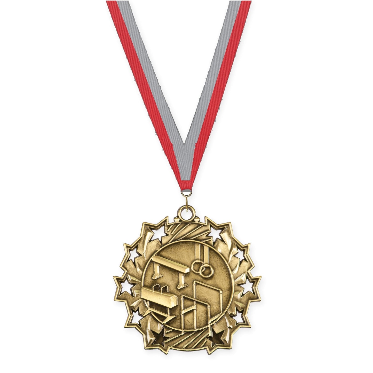 2 1/4 inch gymnastics Ten Star medal in antique gold with Red Gray neck ribbon