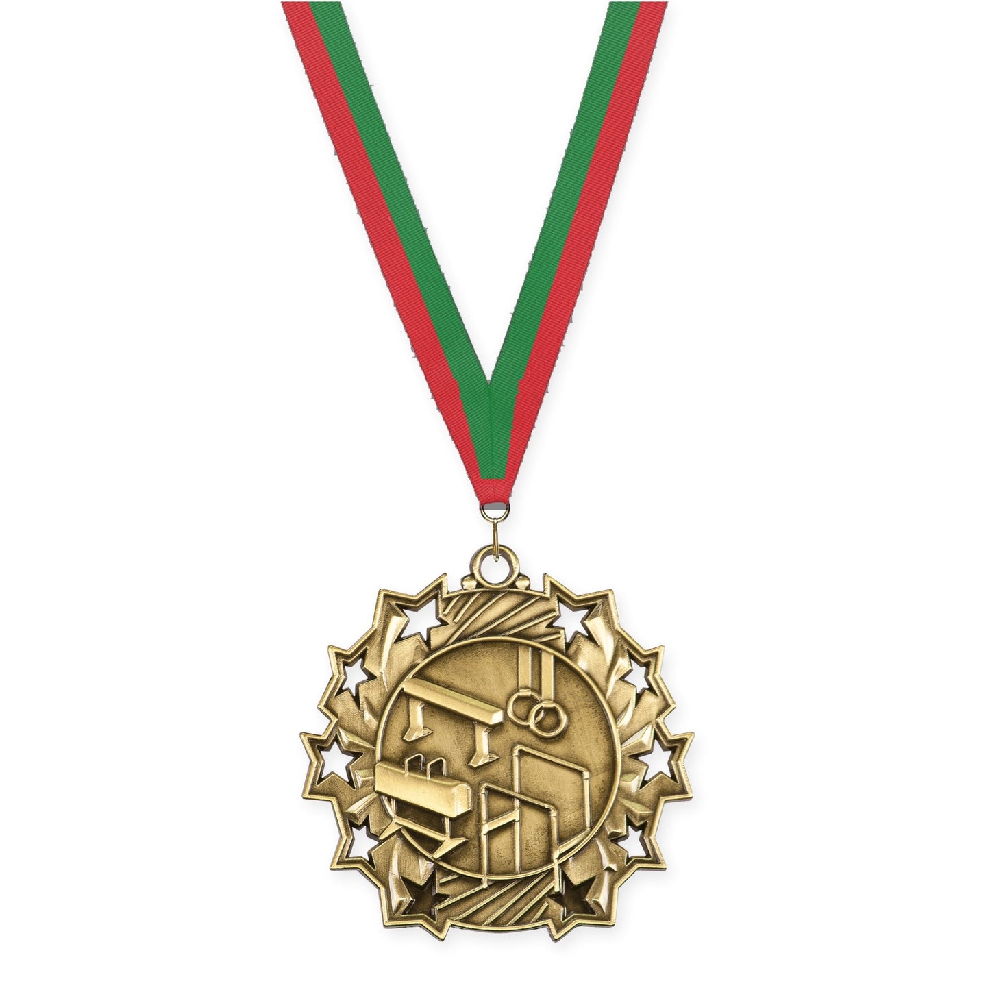 2 1/4 inch gymnastics Ten Star medal in antique gold with Red Green neck ribbon