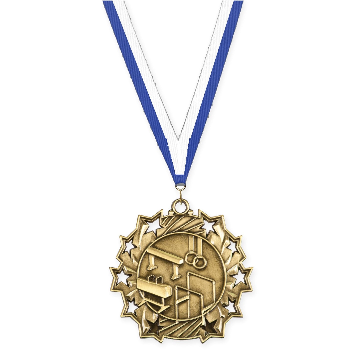 2 1/4 inch gymnastics Ten Star medal in antique gold with Blue White neck ribbon
