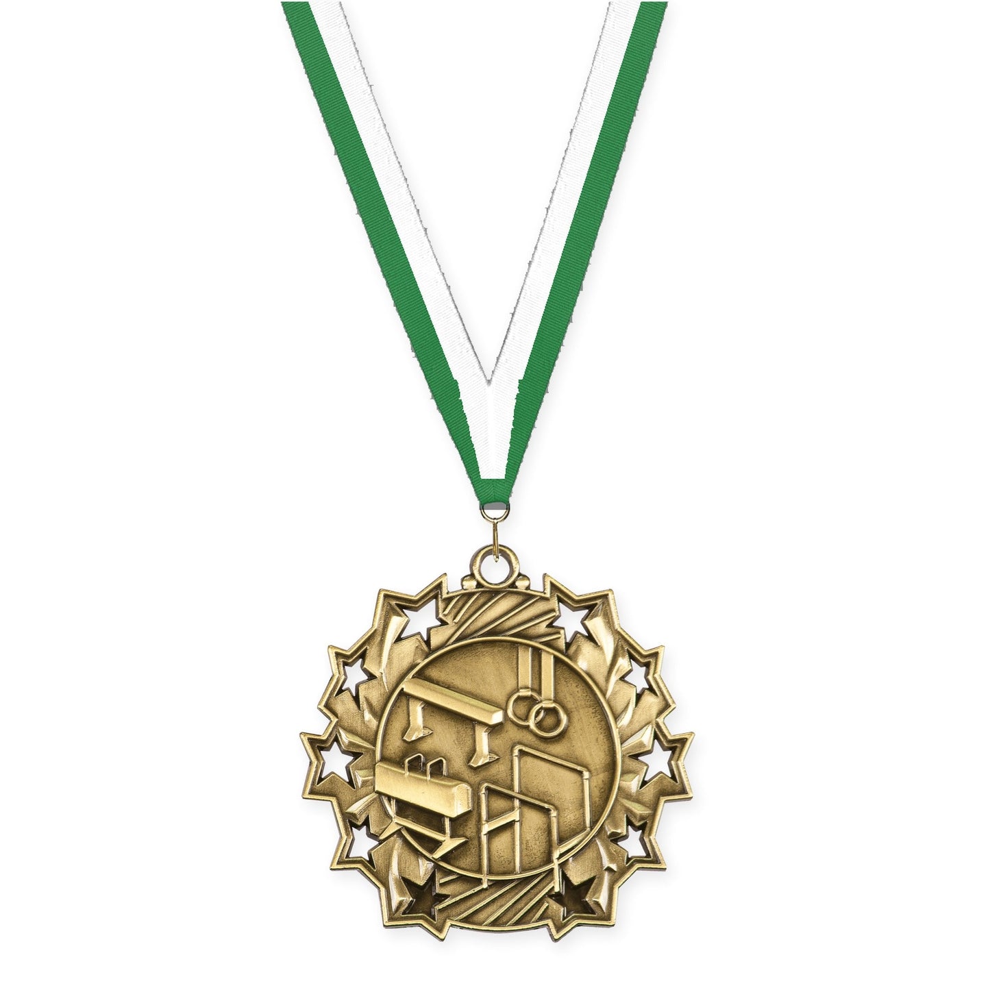 2 1/4 inch gymnastics Ten Star medal in antique gold with Green White neck ribbon