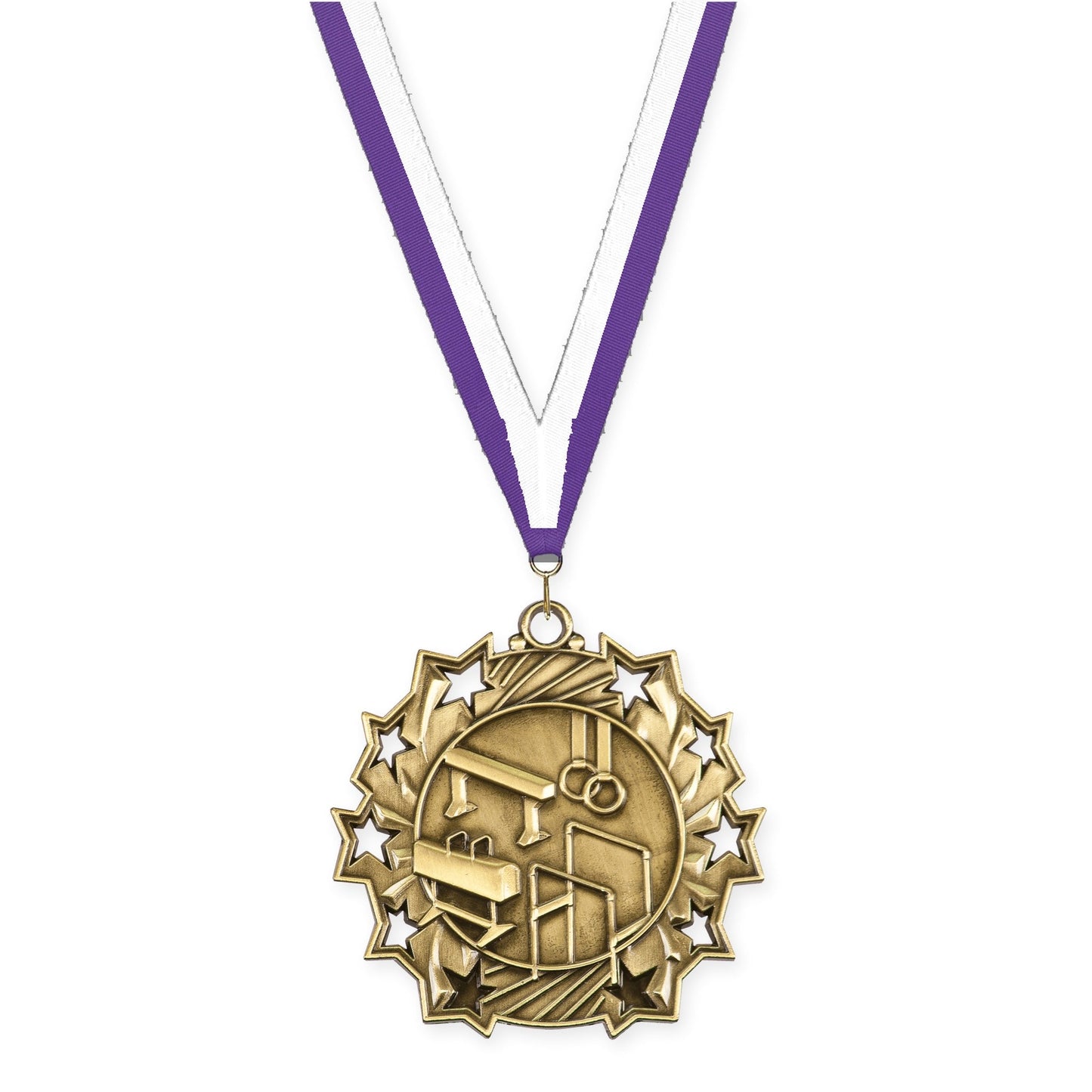 2 1/4 inch gymnastics Ten Star medal in antique gold with Purple White neck ribbon