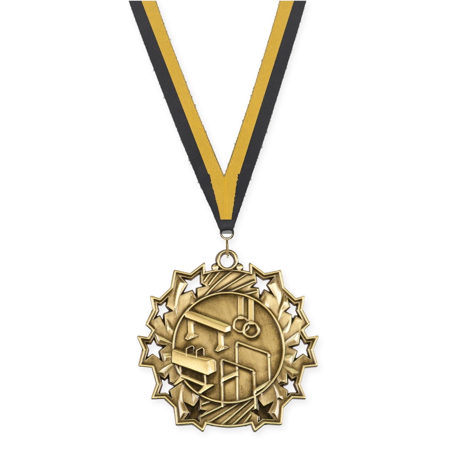 2 1/4 inch gymnastics Ten Star medal in antique gold with Black Gold neck ribbon