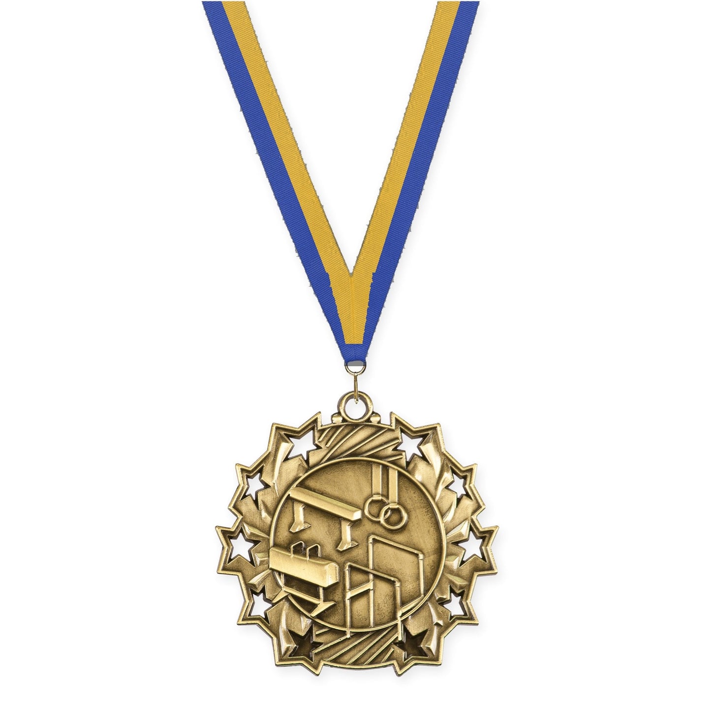 2 1/4 inch gymnastics Ten Star medal in antique gold with Blue Gold neck ribbon