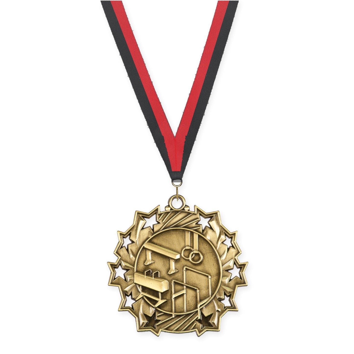 2 1/4 inch gymnastics Ten Star medal in antique gold with Black Red neck ribbon
