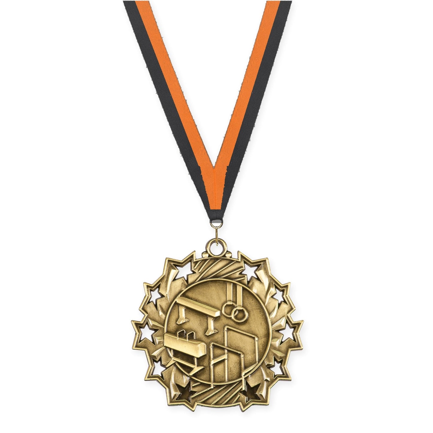 2 1/4 inch gymnastics Ten Star medal in antique gold with Black Orange neck ribbon