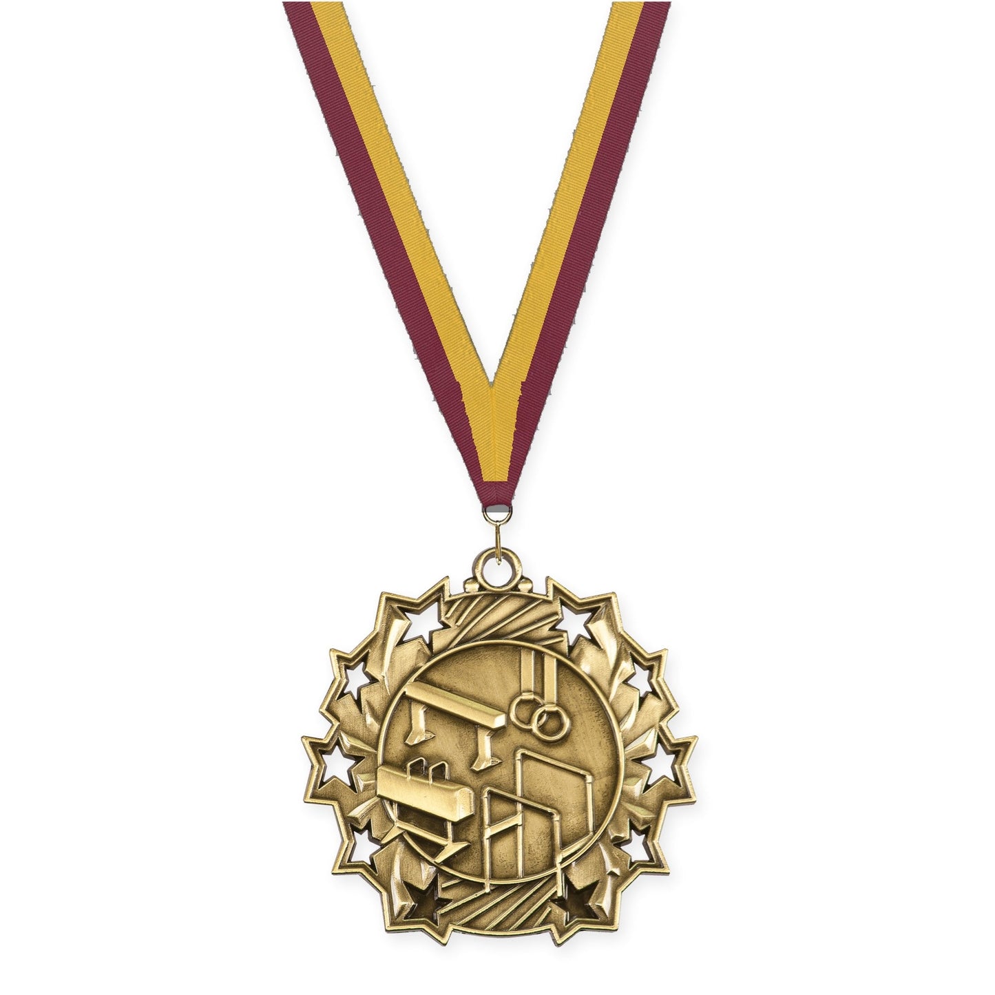 2 1/4 inch gymnastics Ten Star medal in antique gold with Maroon Gold neck ribbon