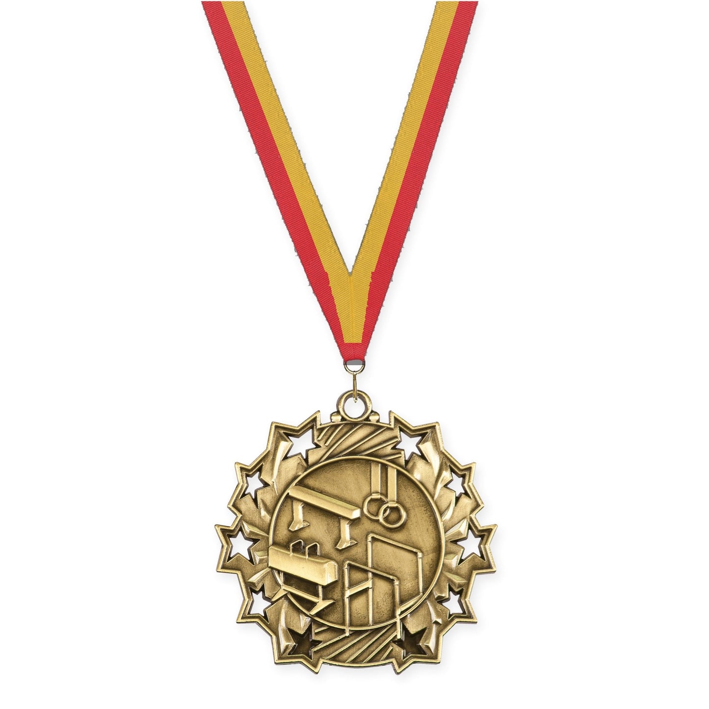 2 1/4 inch gymnastics Ten Star medal in antique gold with Red Gold neck ribbon