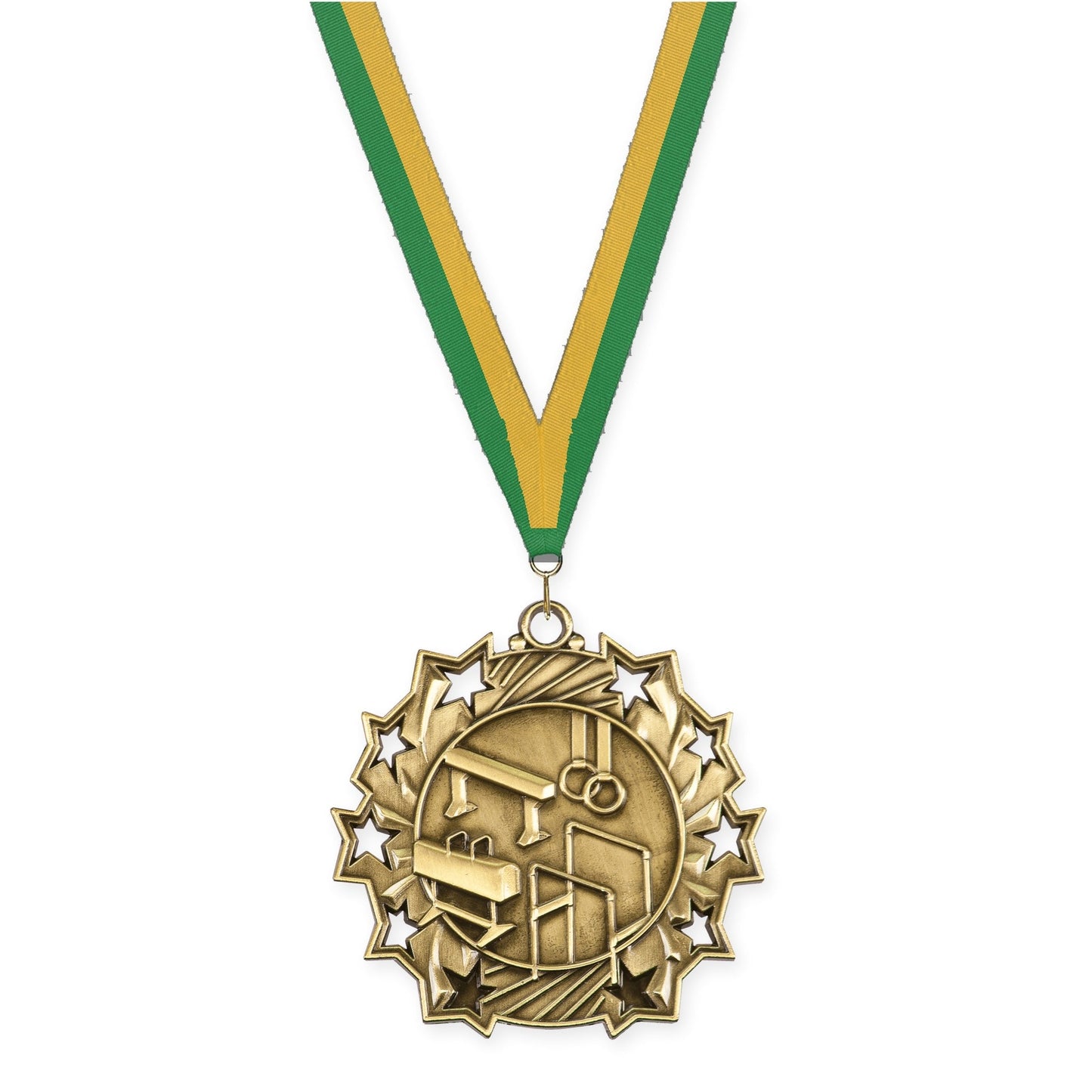 2 1/4 inch gymnastics Ten Star medal in antique gold with Green Gold neck ribbon