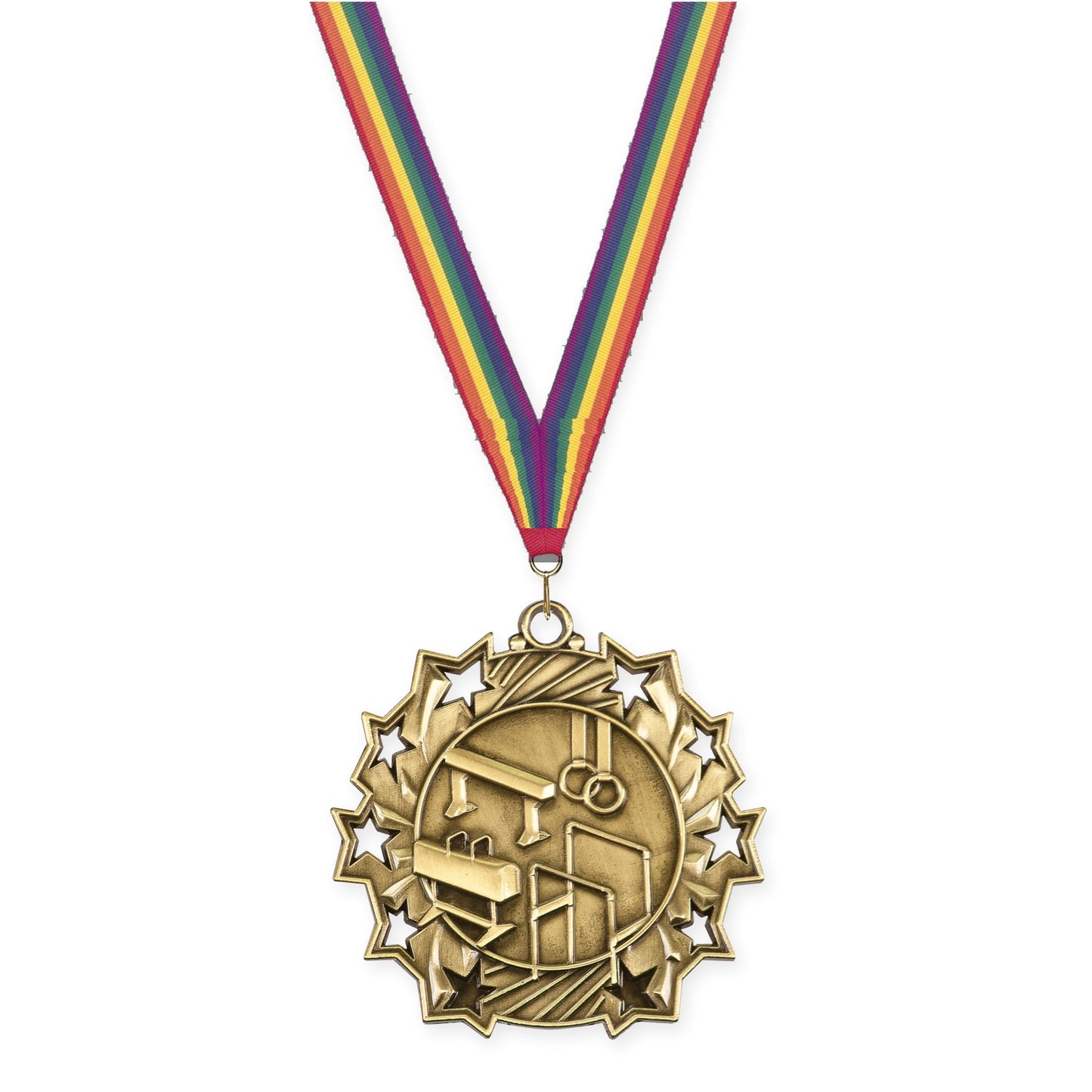 2 1/4 inch gymnastics Ten Star medal in antique gold with Rainbow neck ribbon
