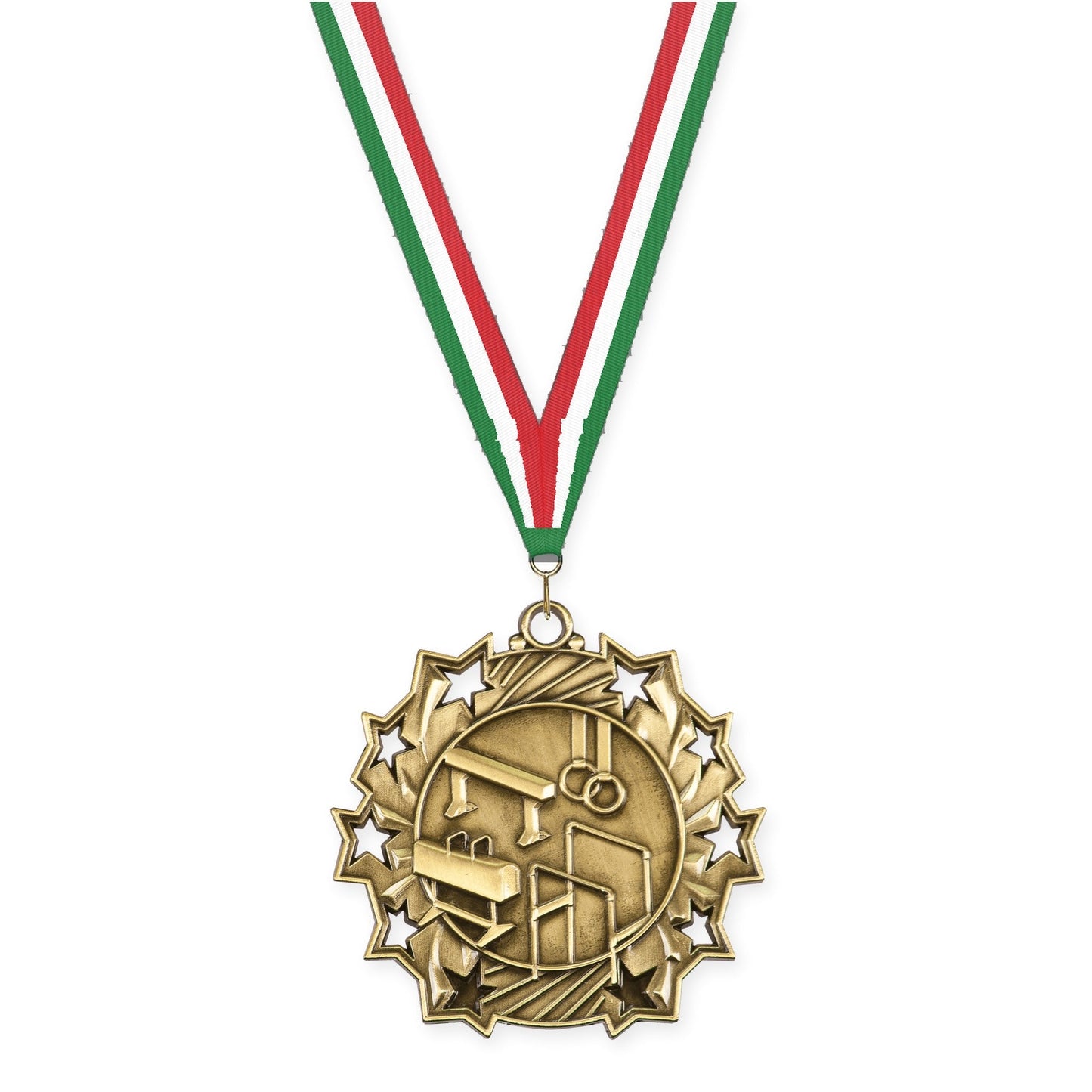 2 1/4 inch gymnastics Ten Star medal in antique gold with Green White Red neck ribbon