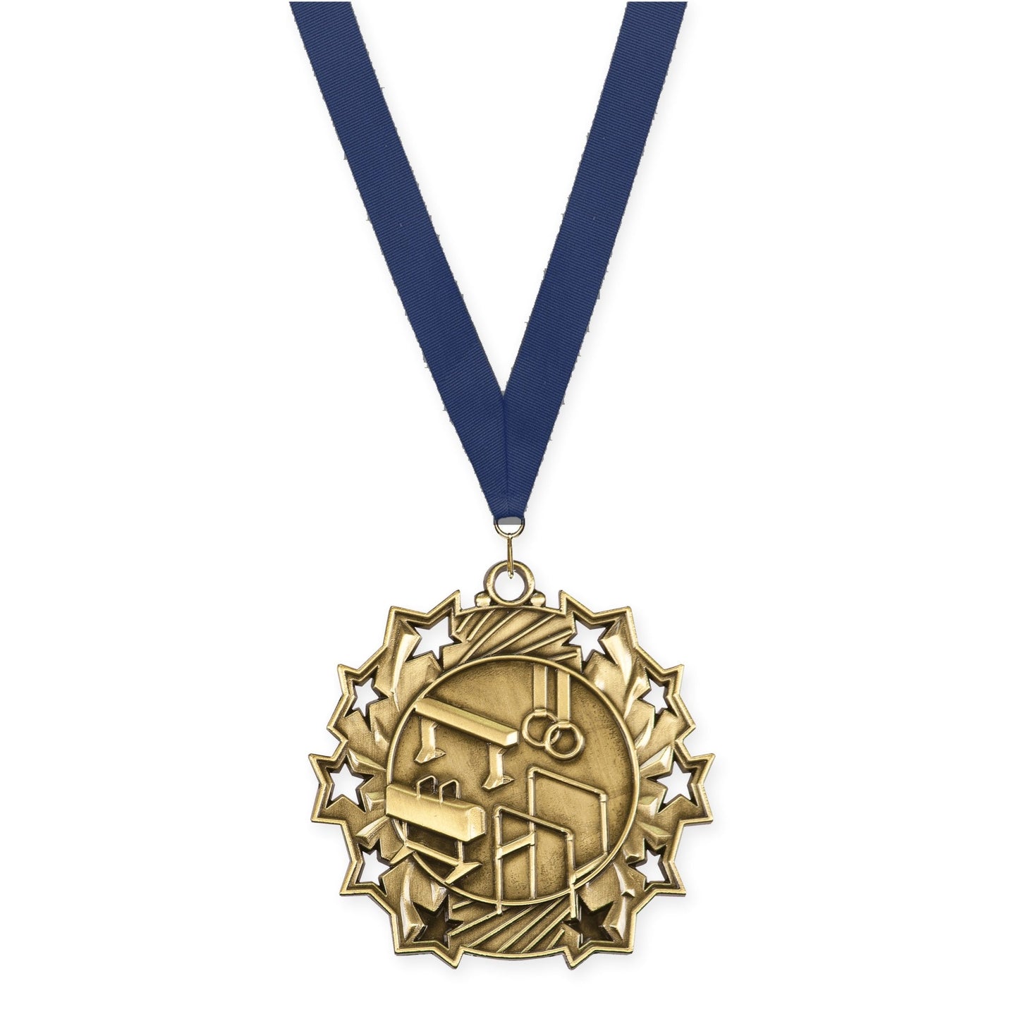 2 1/4 inch gymnastics Ten Star medal in antique gold with Navy neck ribbon