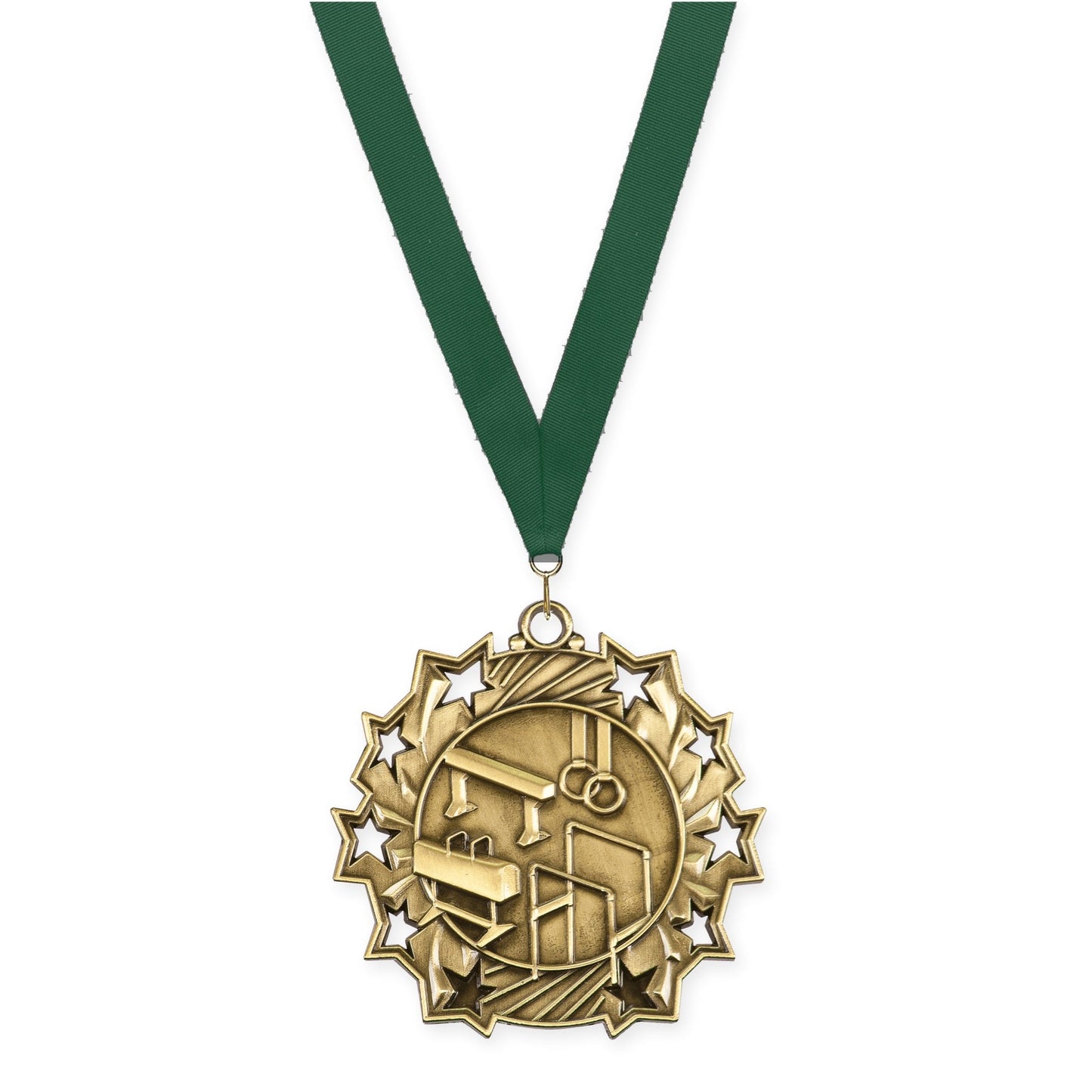 2 1/4 inch gymnastics Ten Star medal in antique gold with Hunter Green neck ribbon
