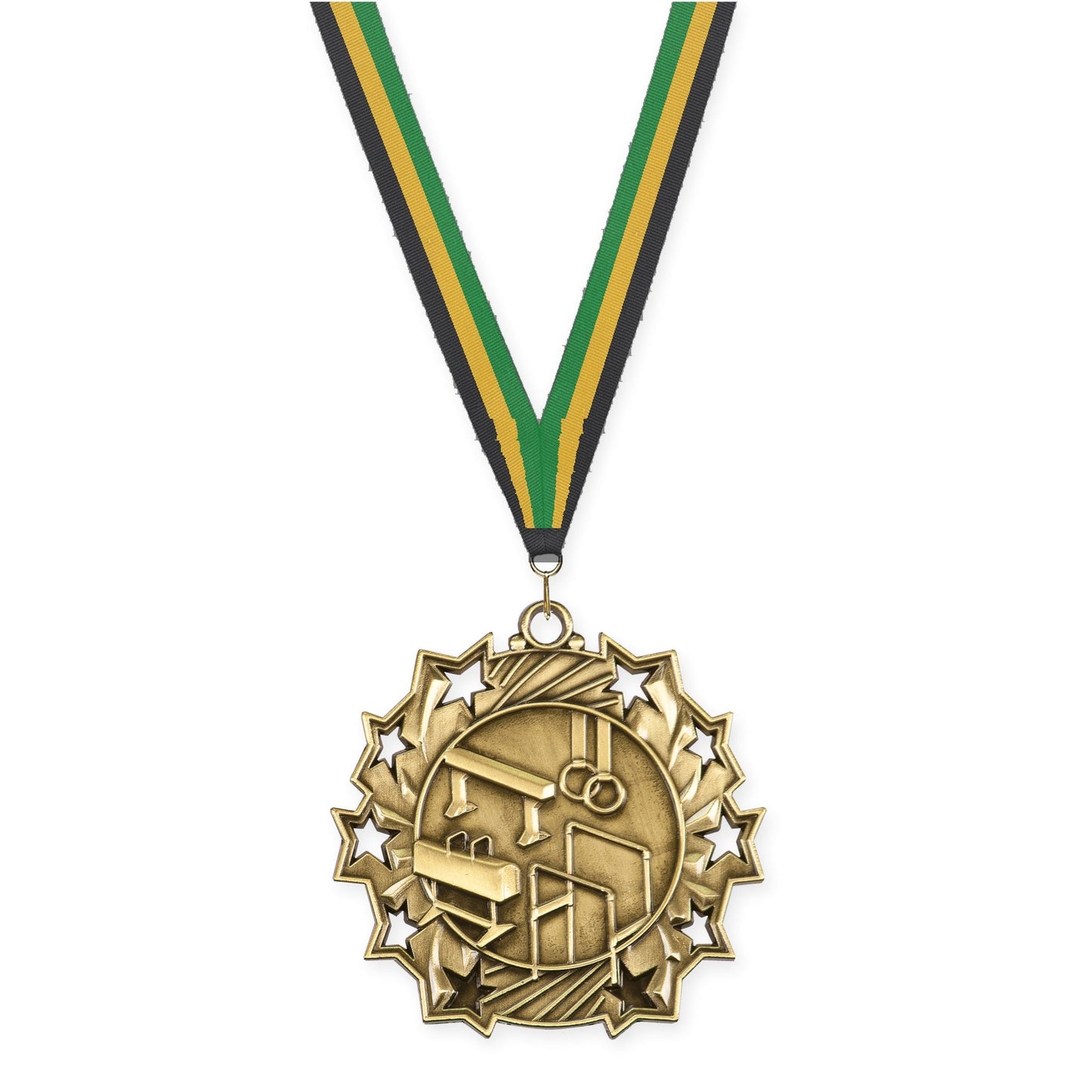 2 1/4 inch gymnastics Ten Star medal in antique gold with Black Gold Green neck ribbon