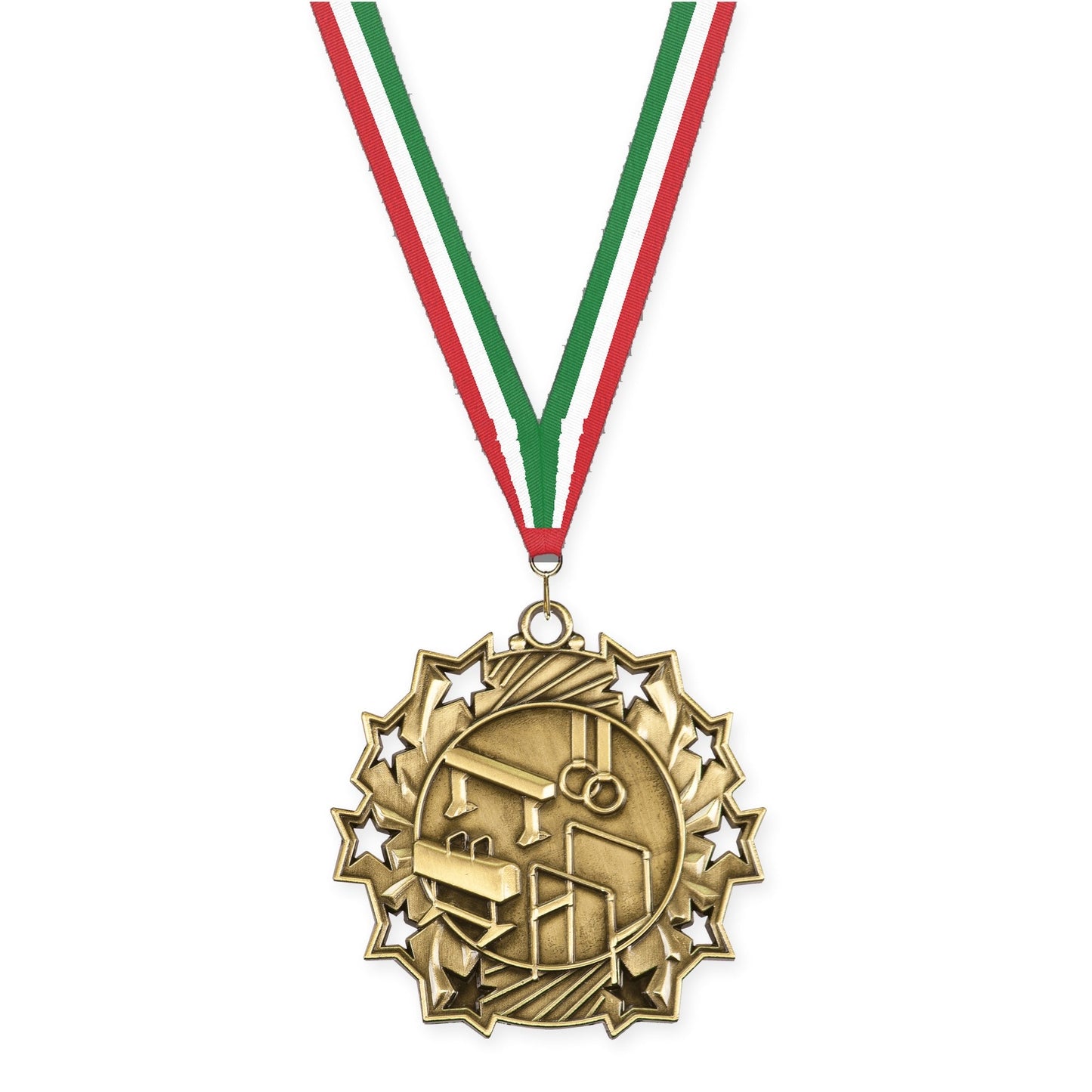 2 1/4 inch gymnastics Ten Star medal in antique gold with Red White Green neck ribbon