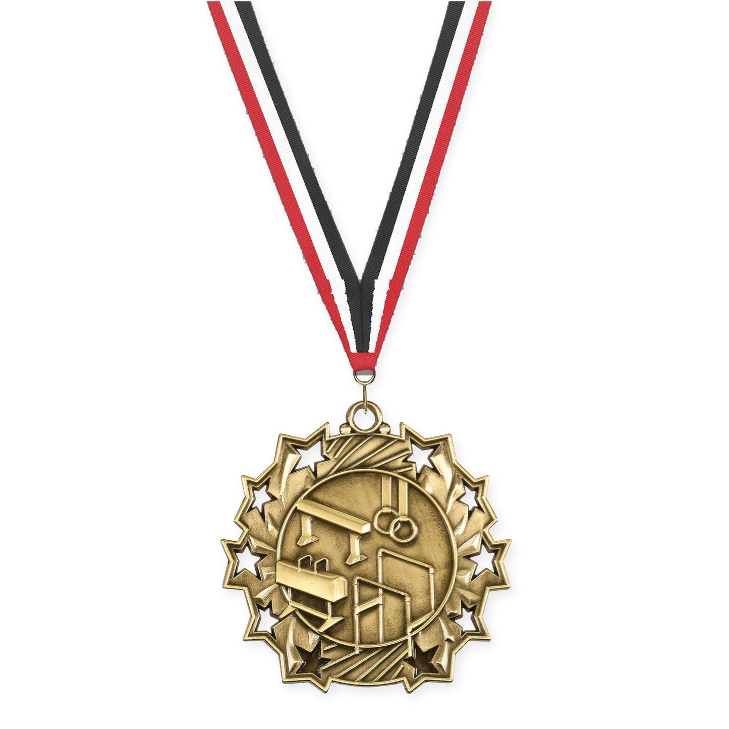 2 1/4 inch gymnastics Ten Star medal in antique gold with Red White Black neck ribbon