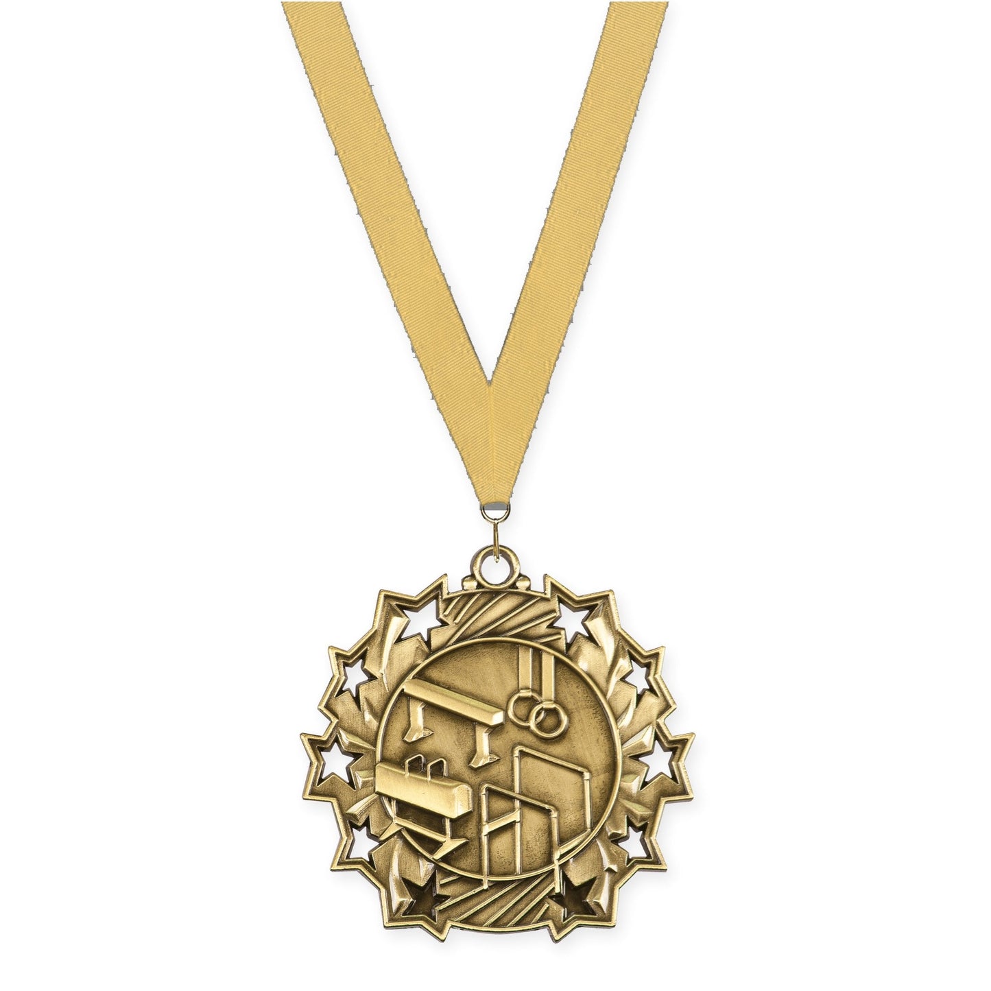 2 1/4 inch gymnastics Ten Star medal in antique gold with Gold Metallic neck ribbon