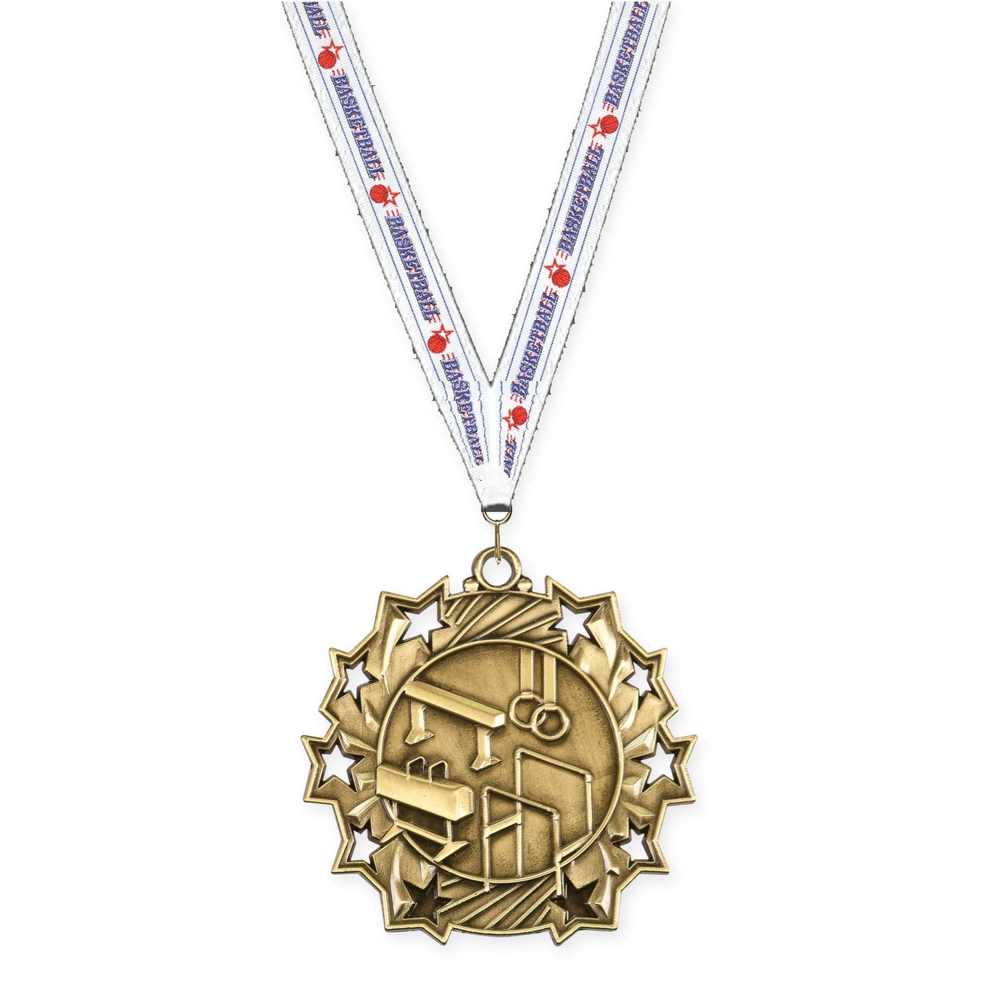 2 1/4 inch gymnastics Ten Star medal in antique gold with Basketball neck ribbon
