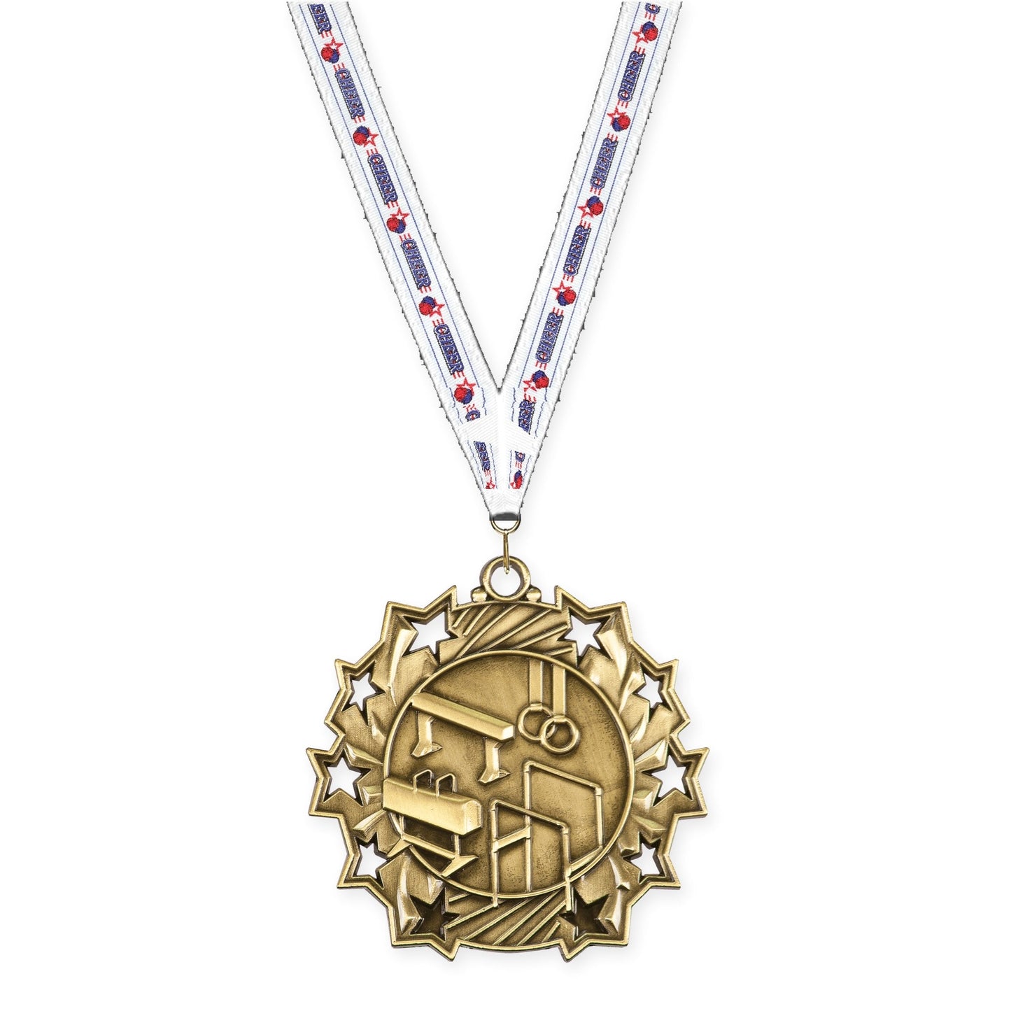 2 1/4 inch gymnastics Ten Star medal in antique gold with Cheerleading neck ribbon