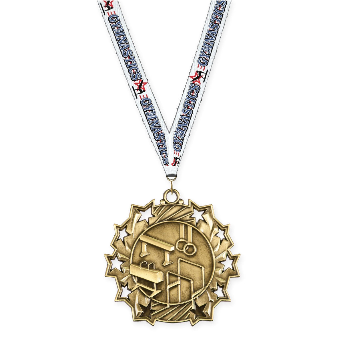2 1/4 inch gymnastics Ten Star medal in antique gold with Gymnastics neck ribbon