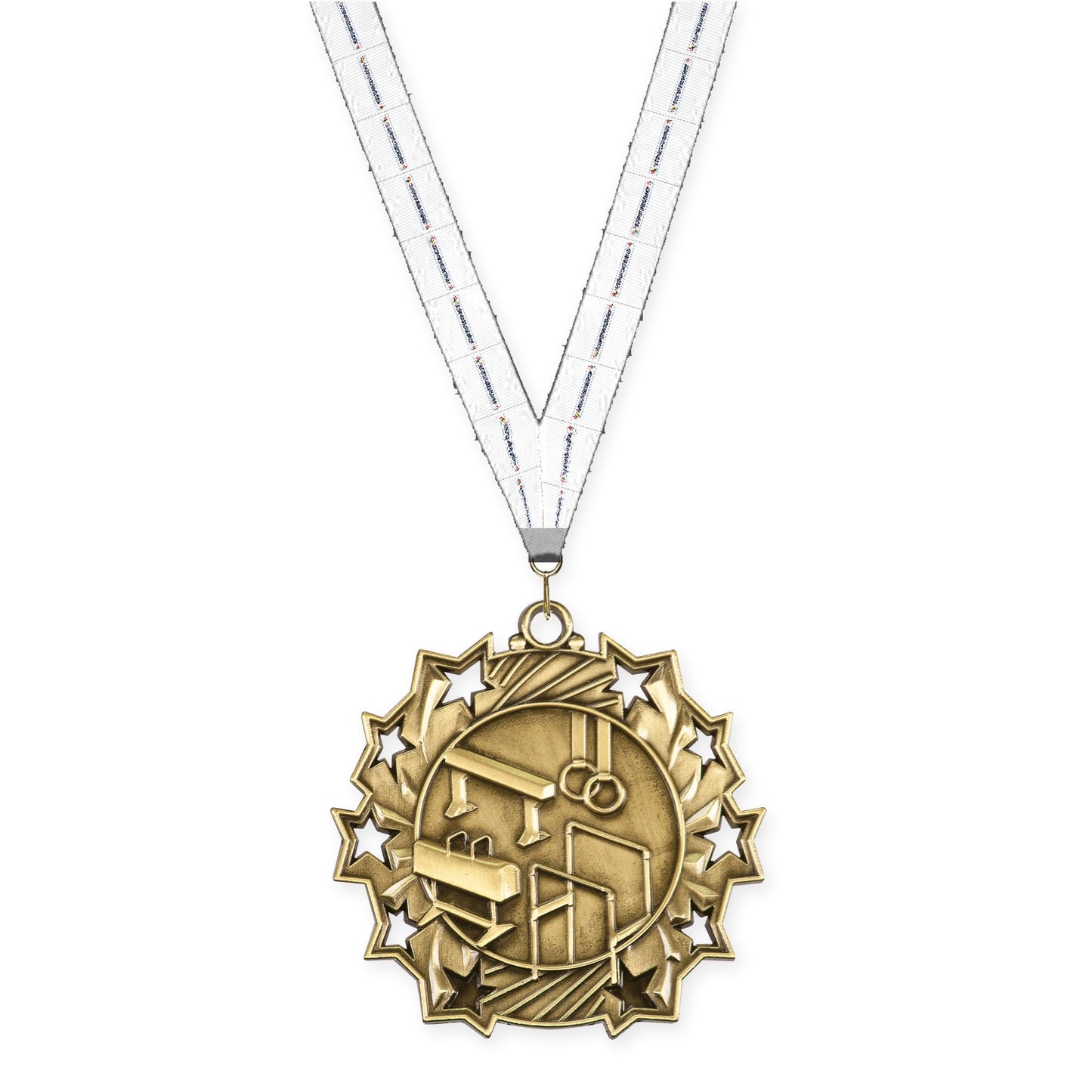 2 1/4 inch gymnastics Ten Star medal in antique gold with Lamp Of Knowledge neck ribbon