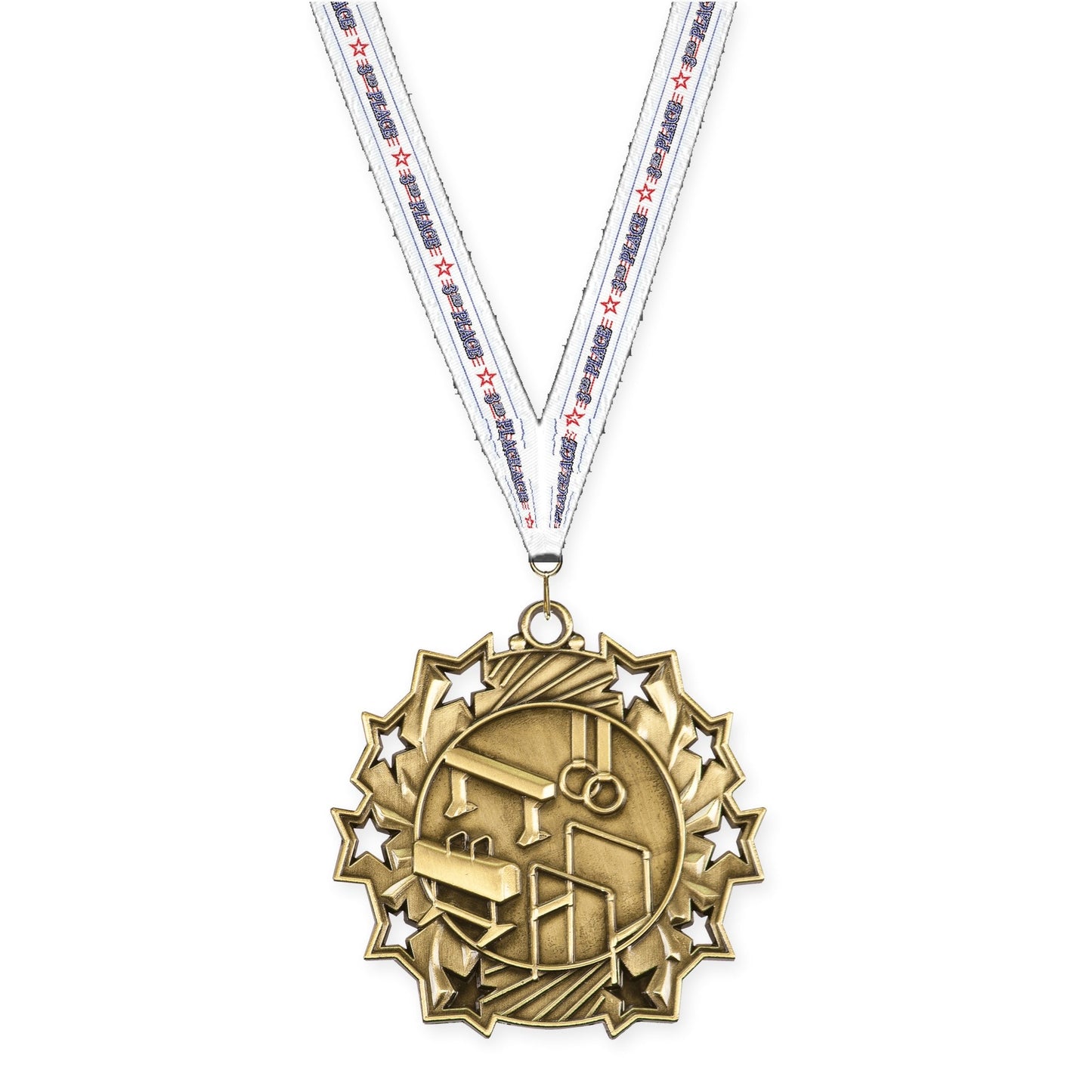 2 1/4 inch gymnastics Ten Star medal in antique gold with 3rd Place neck ribbon