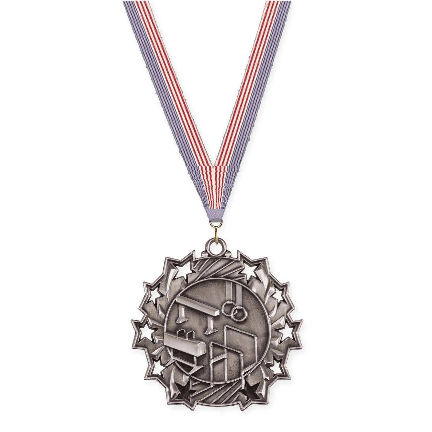 2 1/4 inch gymnastics Ten Star medal in antique silver with USA Flag neck ribbon