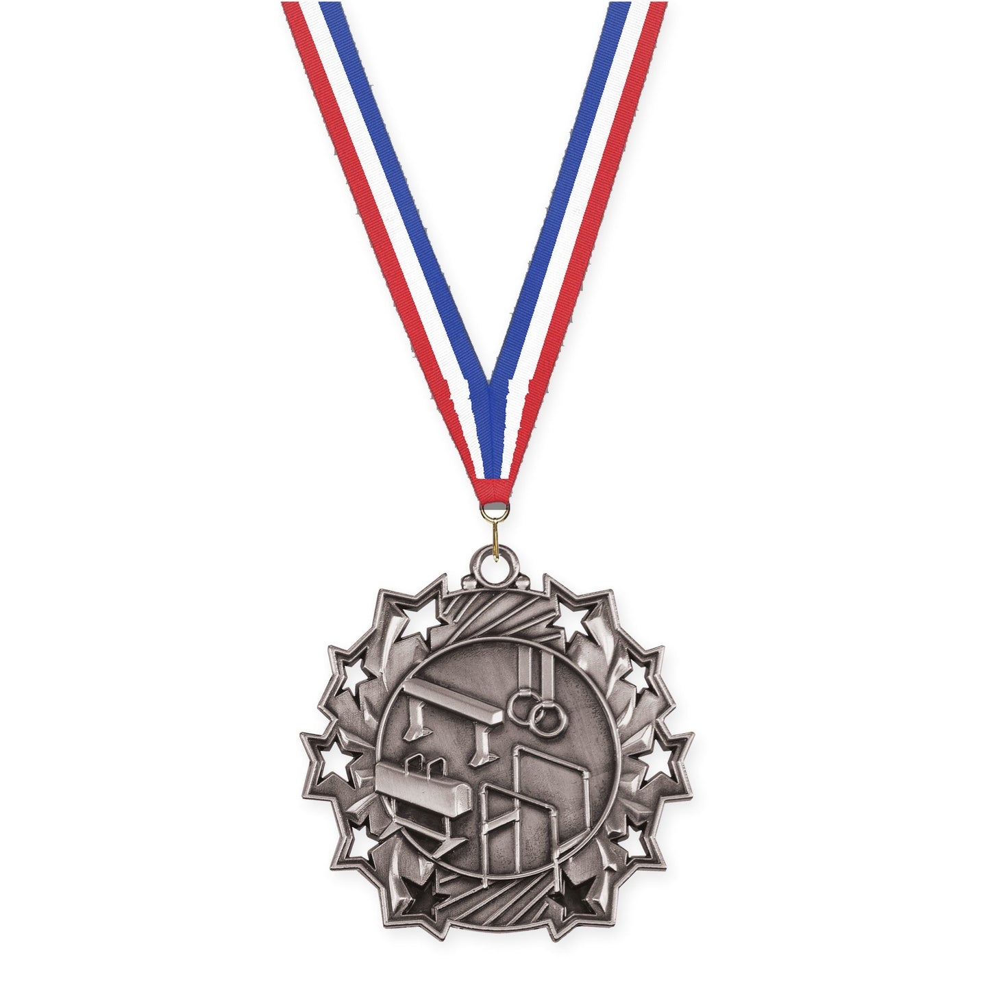 2 1/4 inch gymnastics Ten Star medal in antique silver with Red White Blue neck ribbon