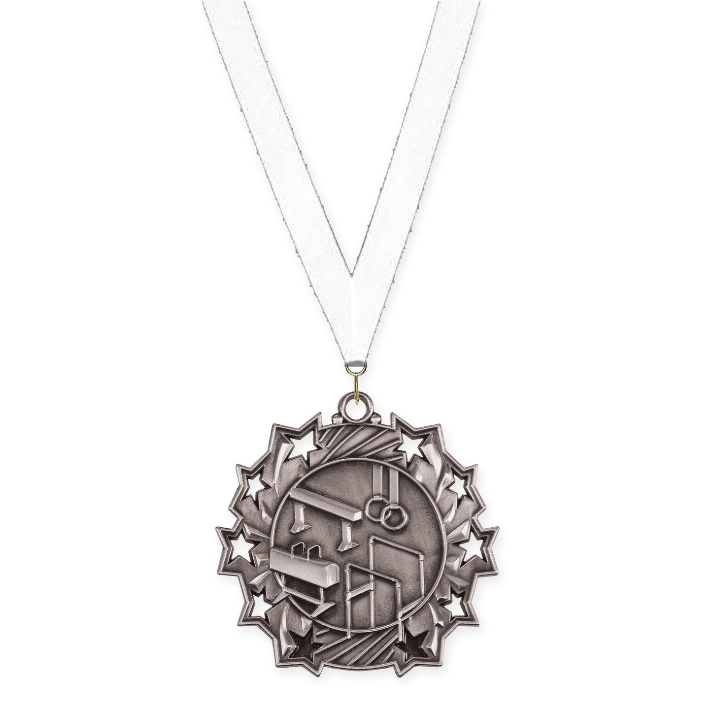 2 1/4 inch gymnastics Ten Star medal in antique silver with White neck ribbon