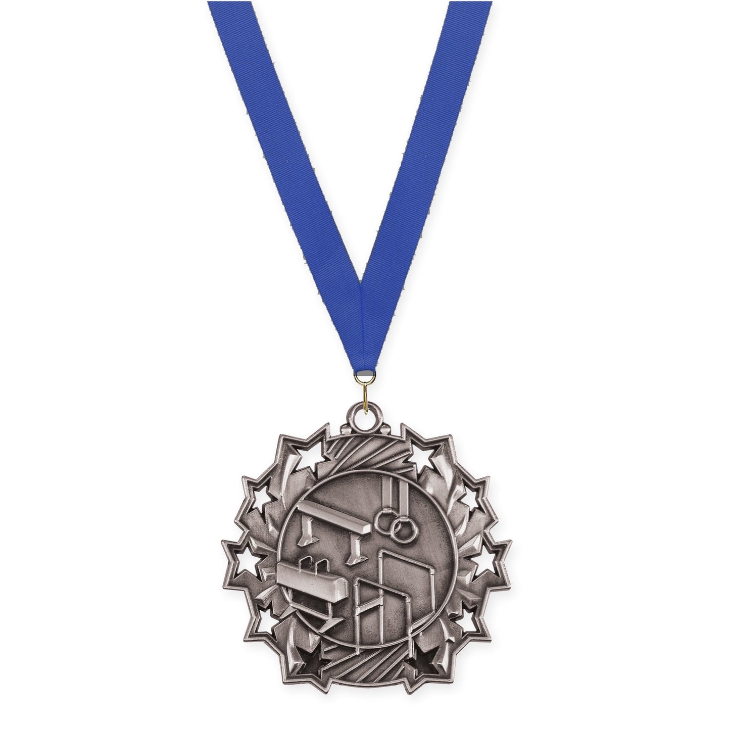 2 1/4 inch gymnastics Ten Star medal in antique silver with Blue neck ribbon