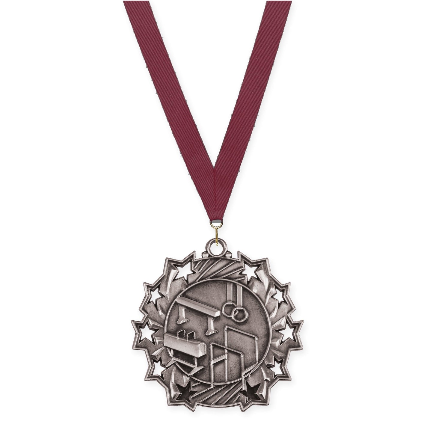 2 1/4 inch gymnastics Ten Star medal in antique silver with Maroon neck ribbon