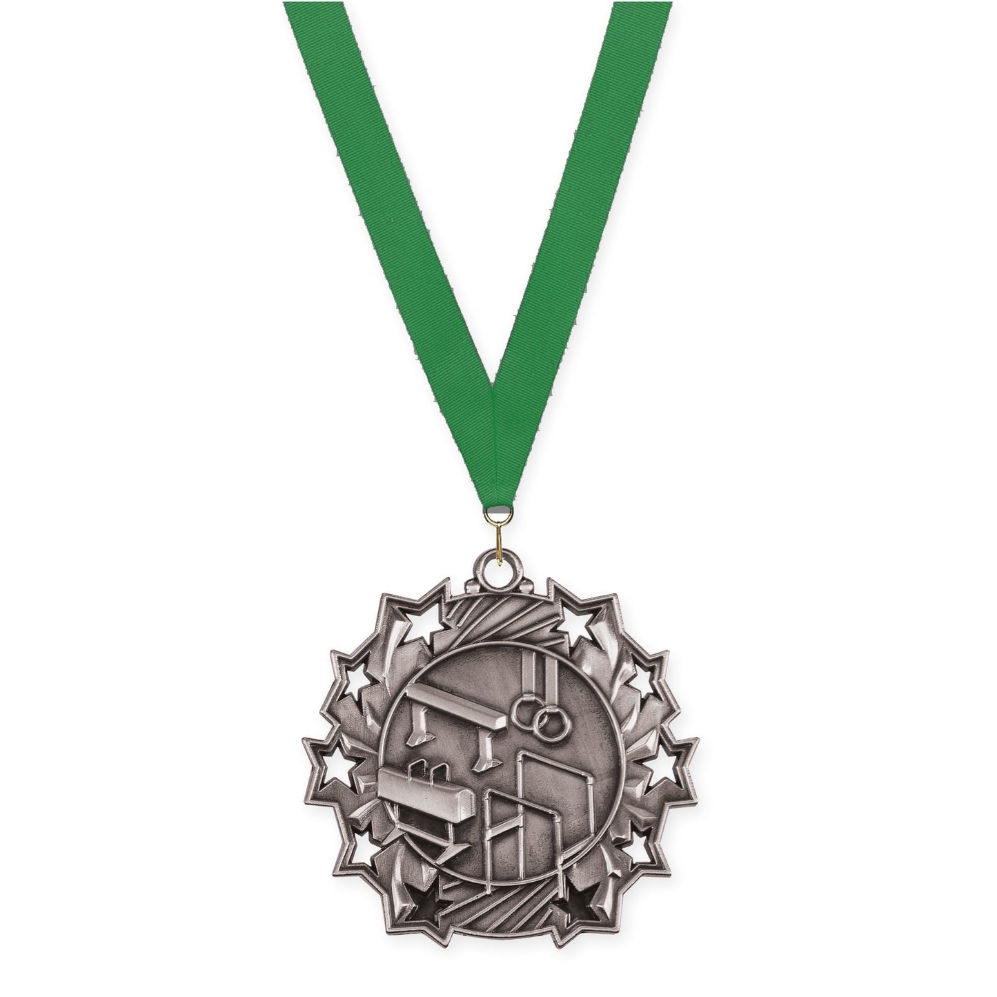 2 1/4 inch gymnastics Ten Star medal in antique silver with Green neck ribbon