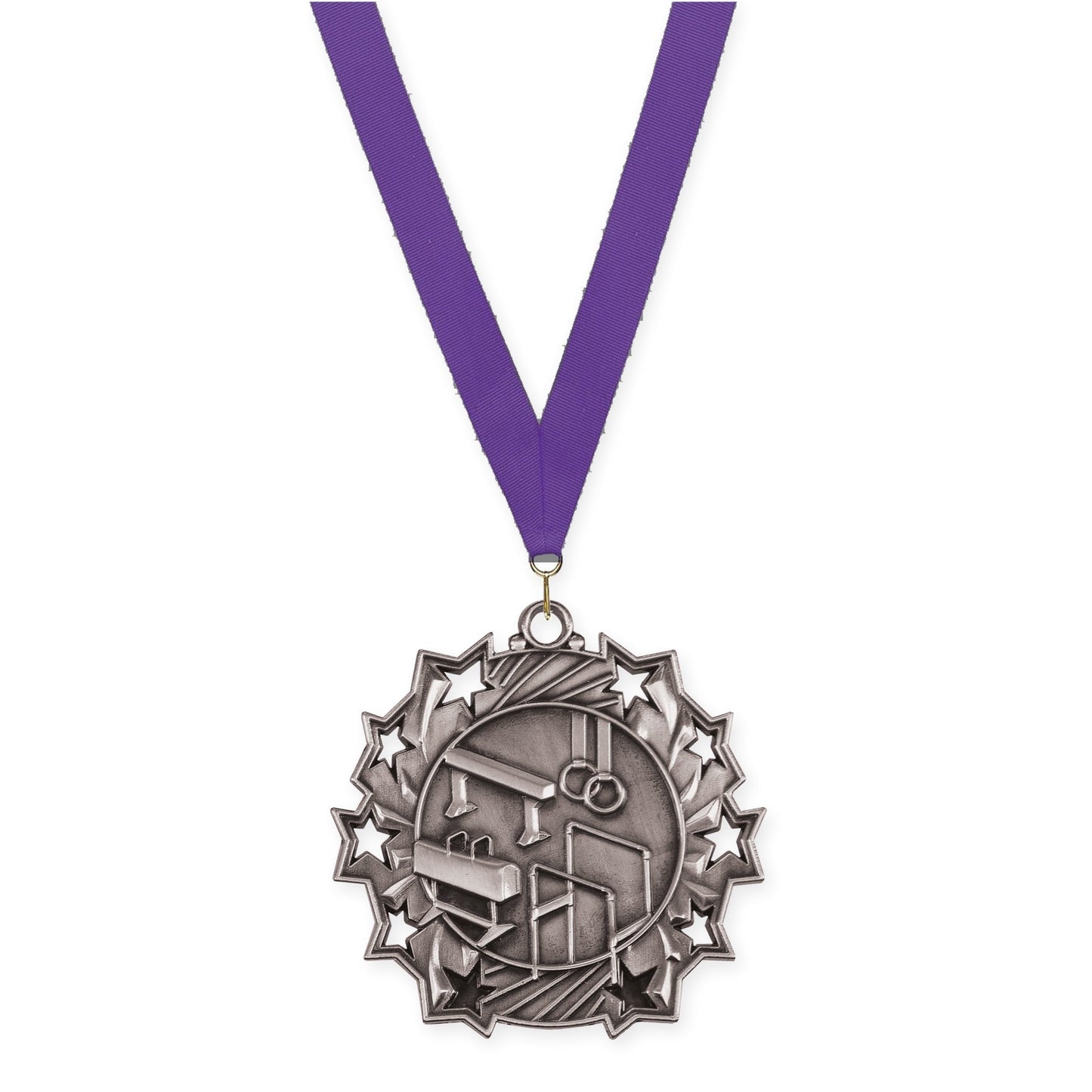2 1/4 inch gymnastics Ten Star medal in antique silver with Purple neck ribbon