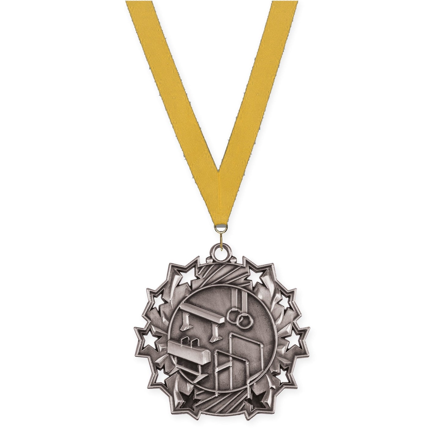 2 1/4 inch gymnastics Ten Star medal in antique silver with Gold neck ribbon