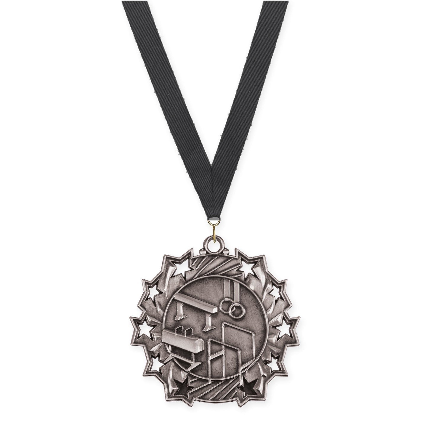 2 1/4 inch gymnastics Ten Star medal in antique silver with Black neck ribbon