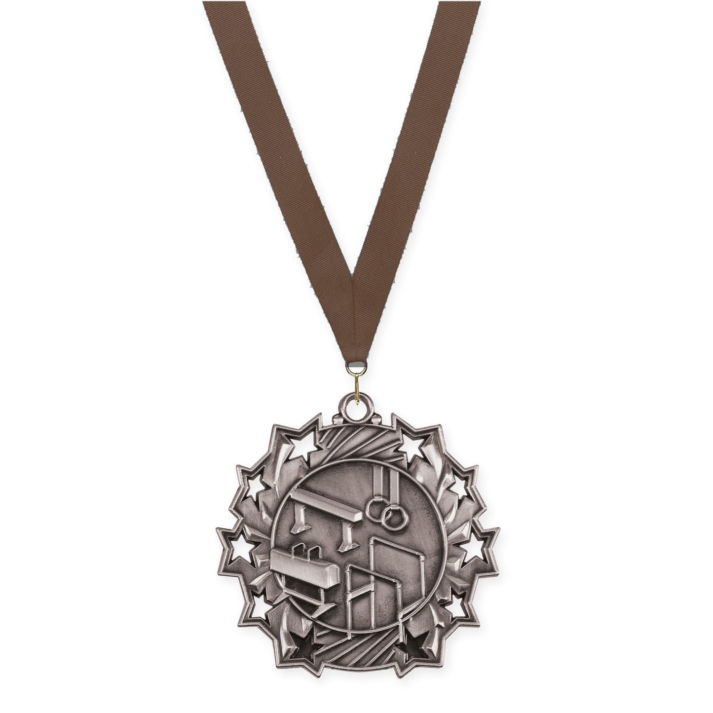 2 1/4 inch gymnastics Ten Star medal in antique silver with Brown neck ribbon