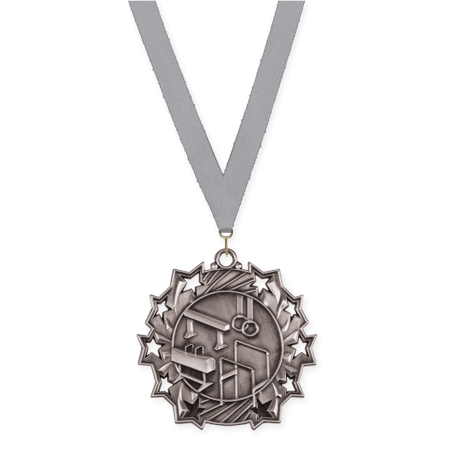 2 1/4 inch gymnastics Ten Star medal in antique silver with Gray neck ribbon