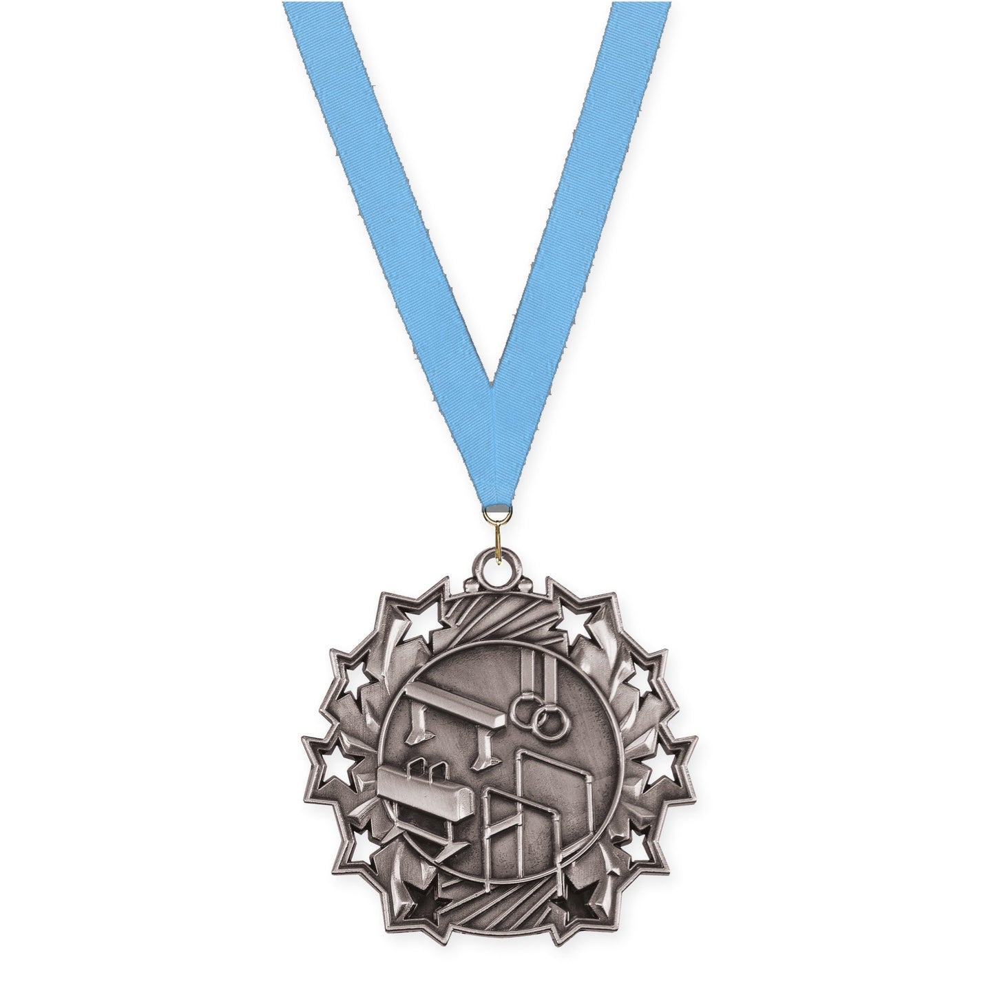 2 1/4 inch gymnastics Ten Star medal in antique silver with Light Blue neck ribbon