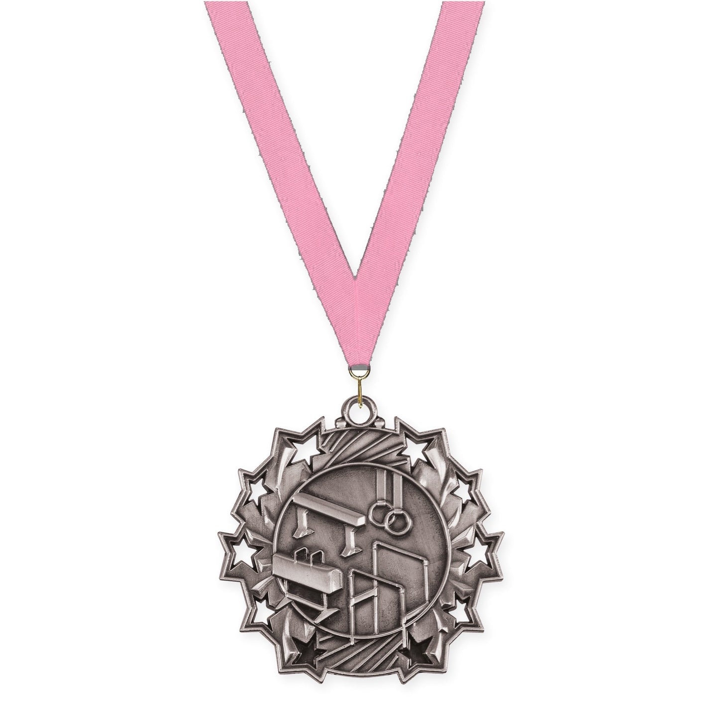 2 1/4 inch gymnastics Ten Star medal in antique silver with Pink neck ribbon