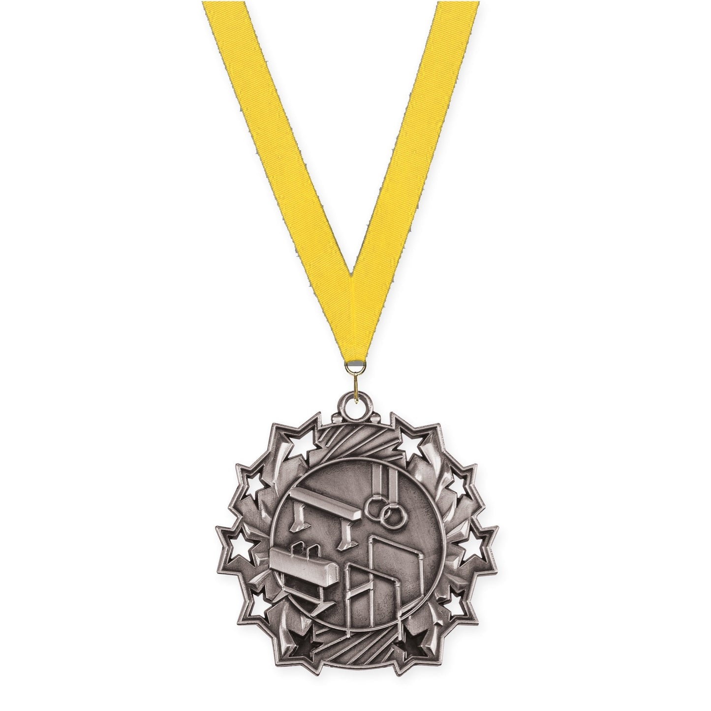 2 1/4 inch gymnastics Ten Star medal in antique silver with Yellow neck ribbon
