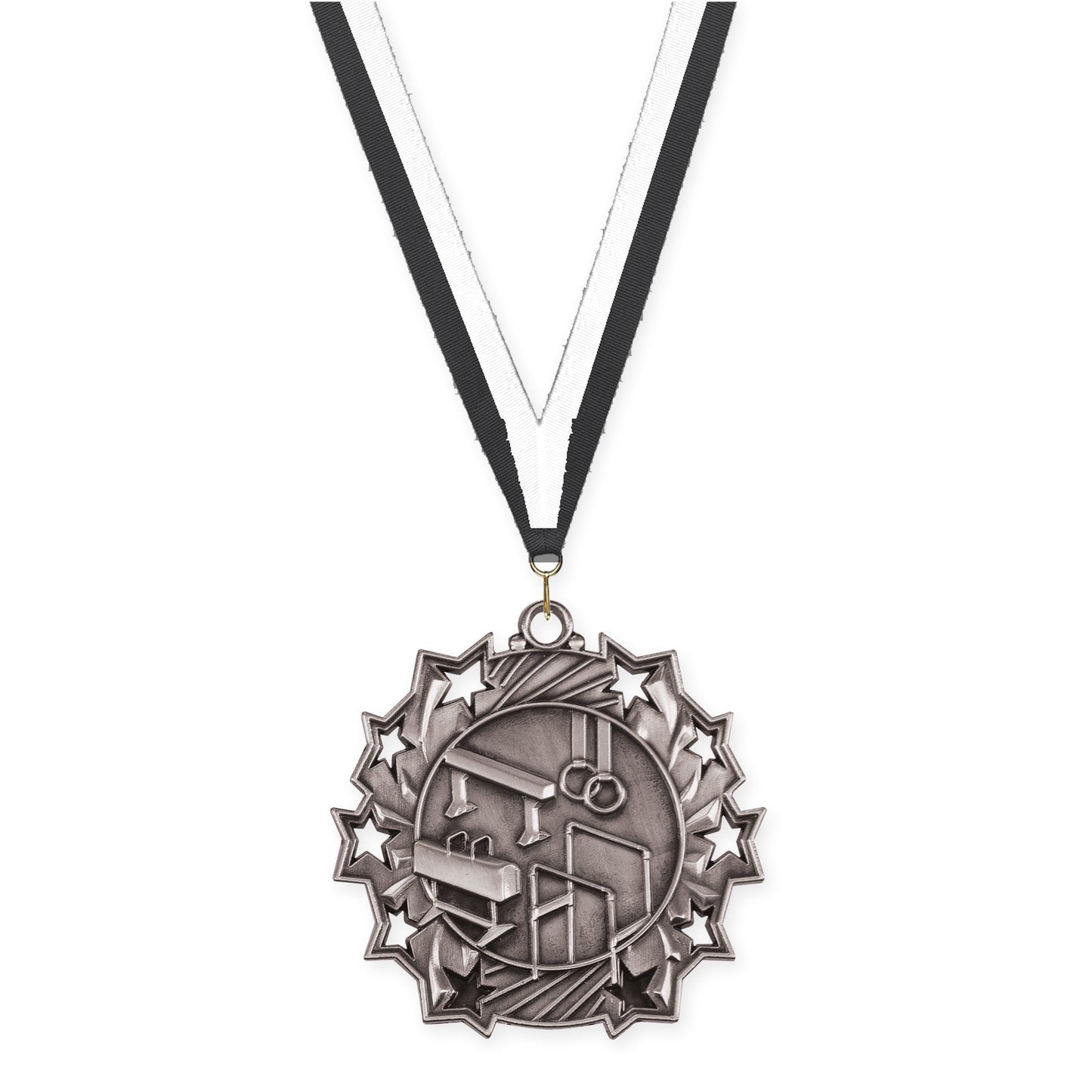 2 1/4 inch gymnastics Ten Star medal in antique silver with Black White neck ribbon