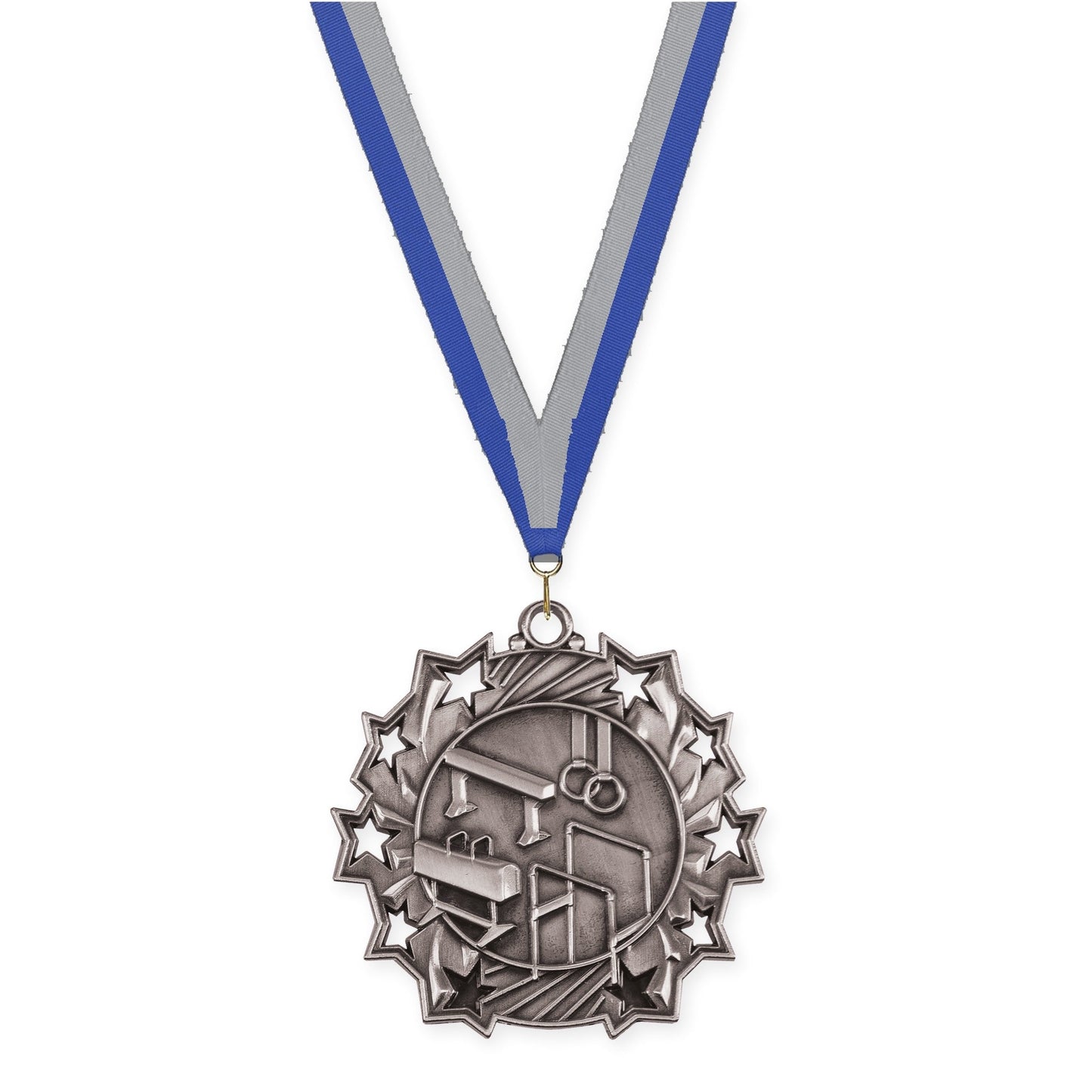2 1/4 inch gymnastics Ten Star medal in antique silver with Blue Gray neck ribbon