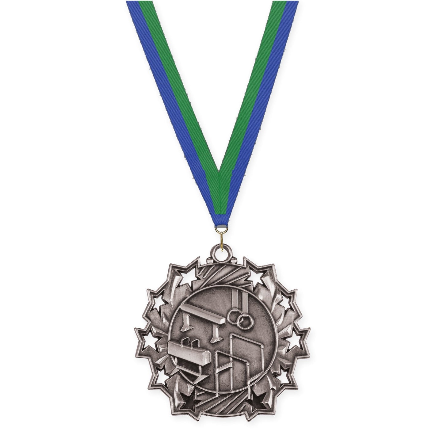 2 1/4 inch gymnastics Ten Star medal in antique silver with Blue Green neck ribbon