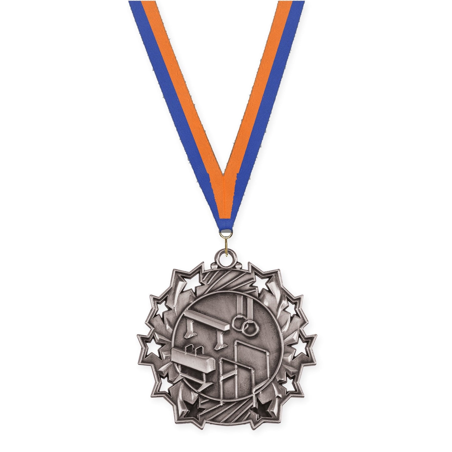 2 1/4 inch gymnastics Ten Star medal in antique silver with Blue Orange neck ribbon