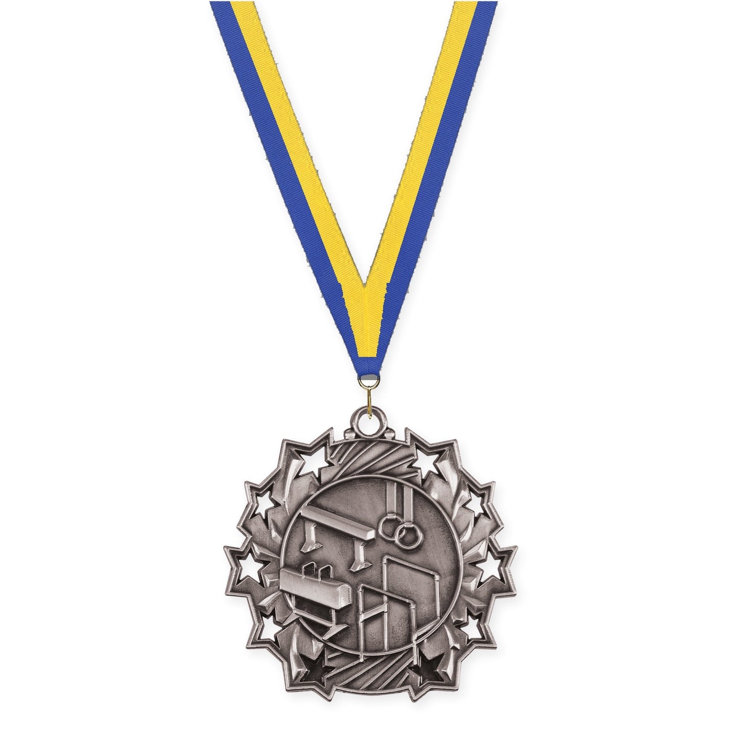 2 1/4 inch gymnastics Ten Star medal in antique silver with Blue Yellow neck ribbon
