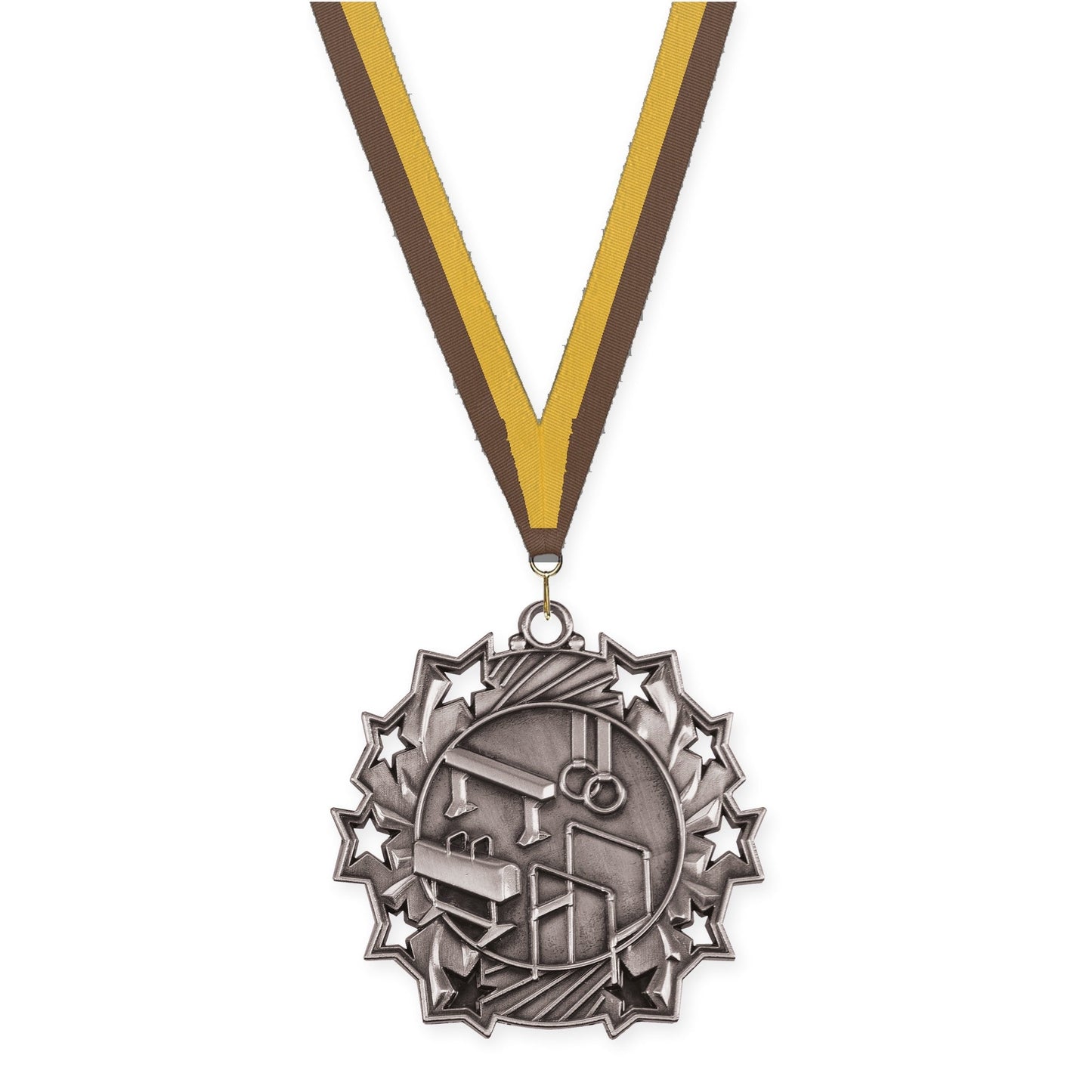 2 1/4 inch gymnastics Ten Star medal in antique silver with Brown Gold neck ribbon