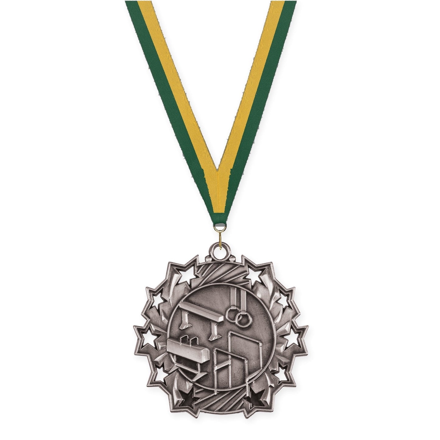 2 1/4 inch gymnastics Ten Star medal in antique silver with Hunter Green Gold neck ribbon