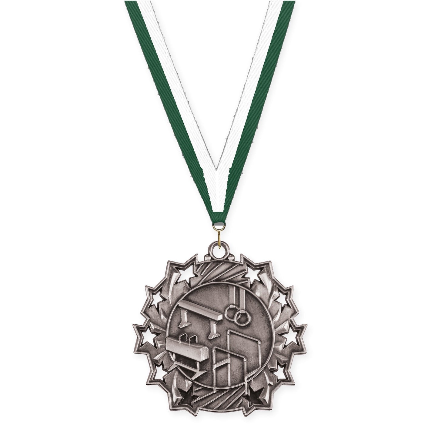 2 1/4 inch gymnastics Ten Star medal in antique silver with Hunter Green White neck ribbon